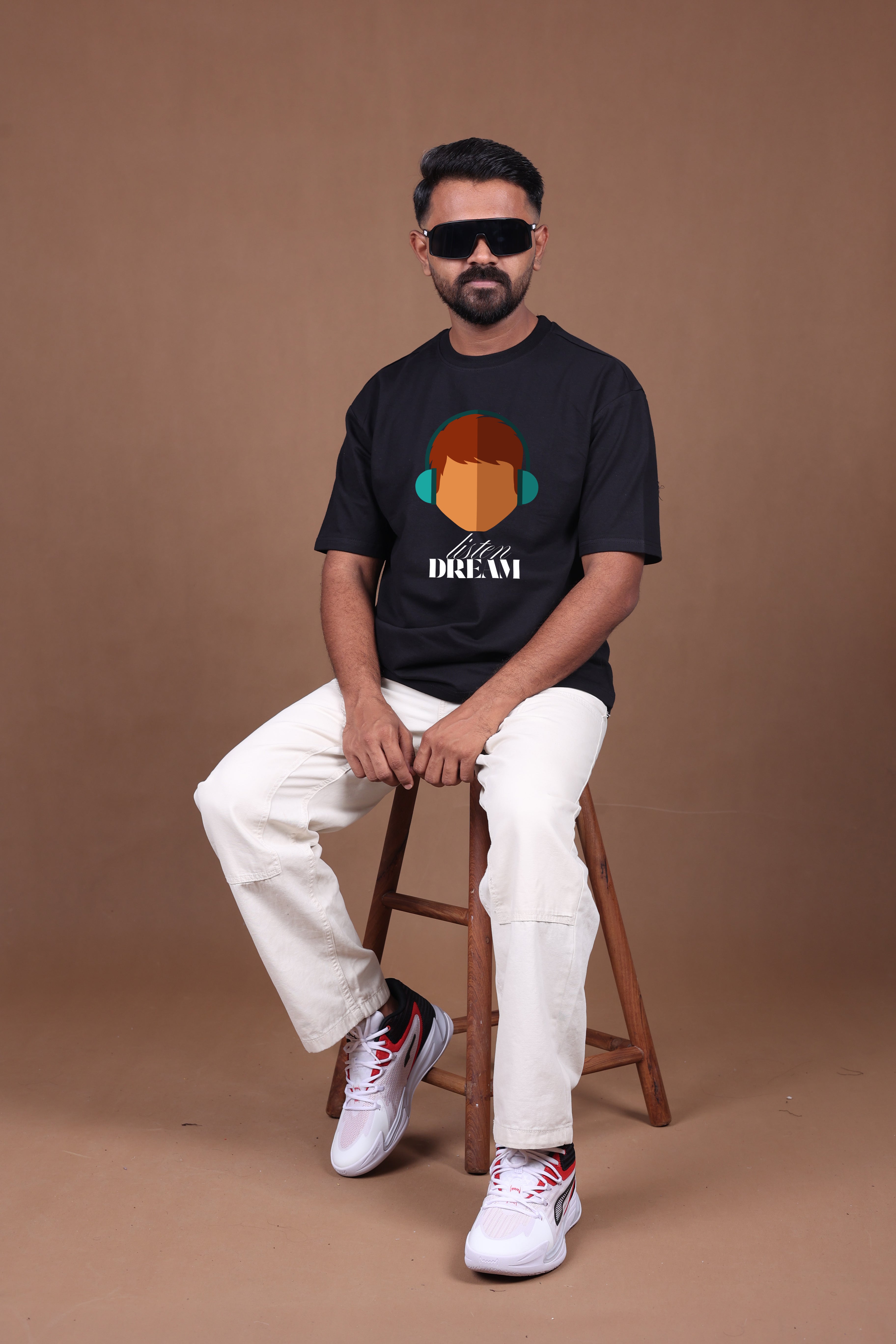 Printed Oversized T-shirt | Trendy Listen Dream Quote Graphic Streetwear | Black T-Shirt