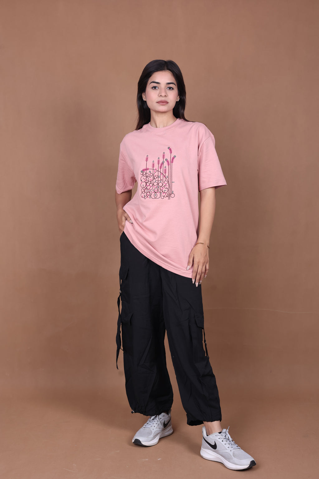 Embroidered Oversized T-shirt | Flower Wild Stitch Design Premium | Pink T-Shirt