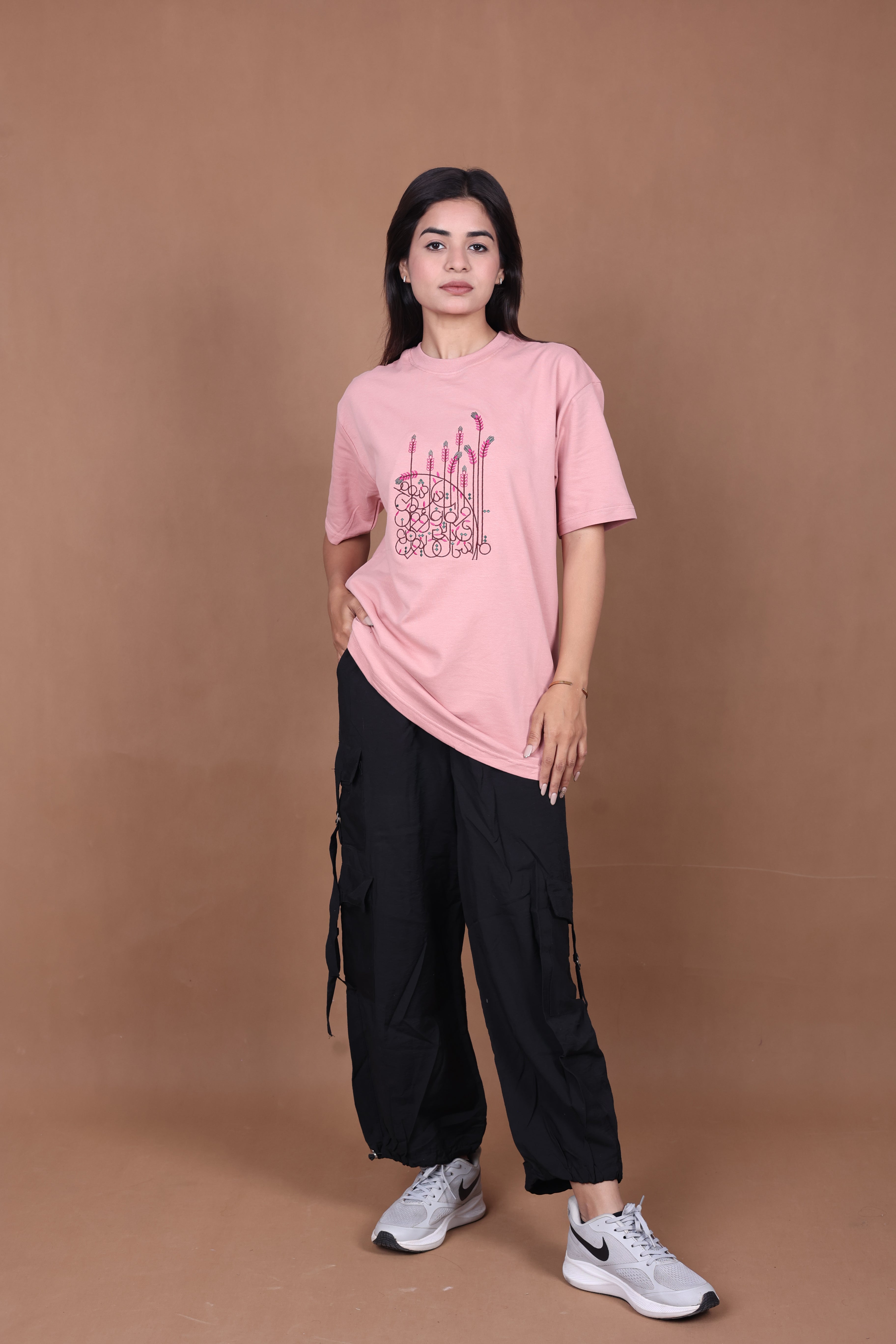 Embroidered Oversized T-shirt | Flower Wild Stitch Design Premium | Pink T-Shirt