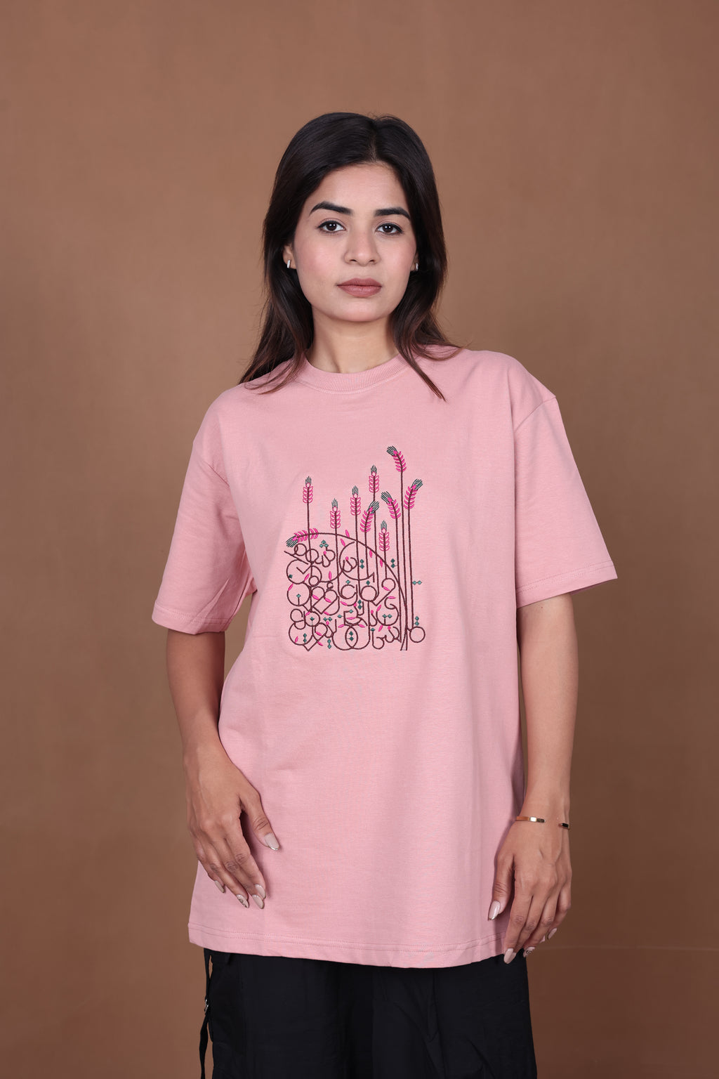 Embroidered Oversized T-shirt | Flower Wild Stitch Design Premium | Pink T-Shirt