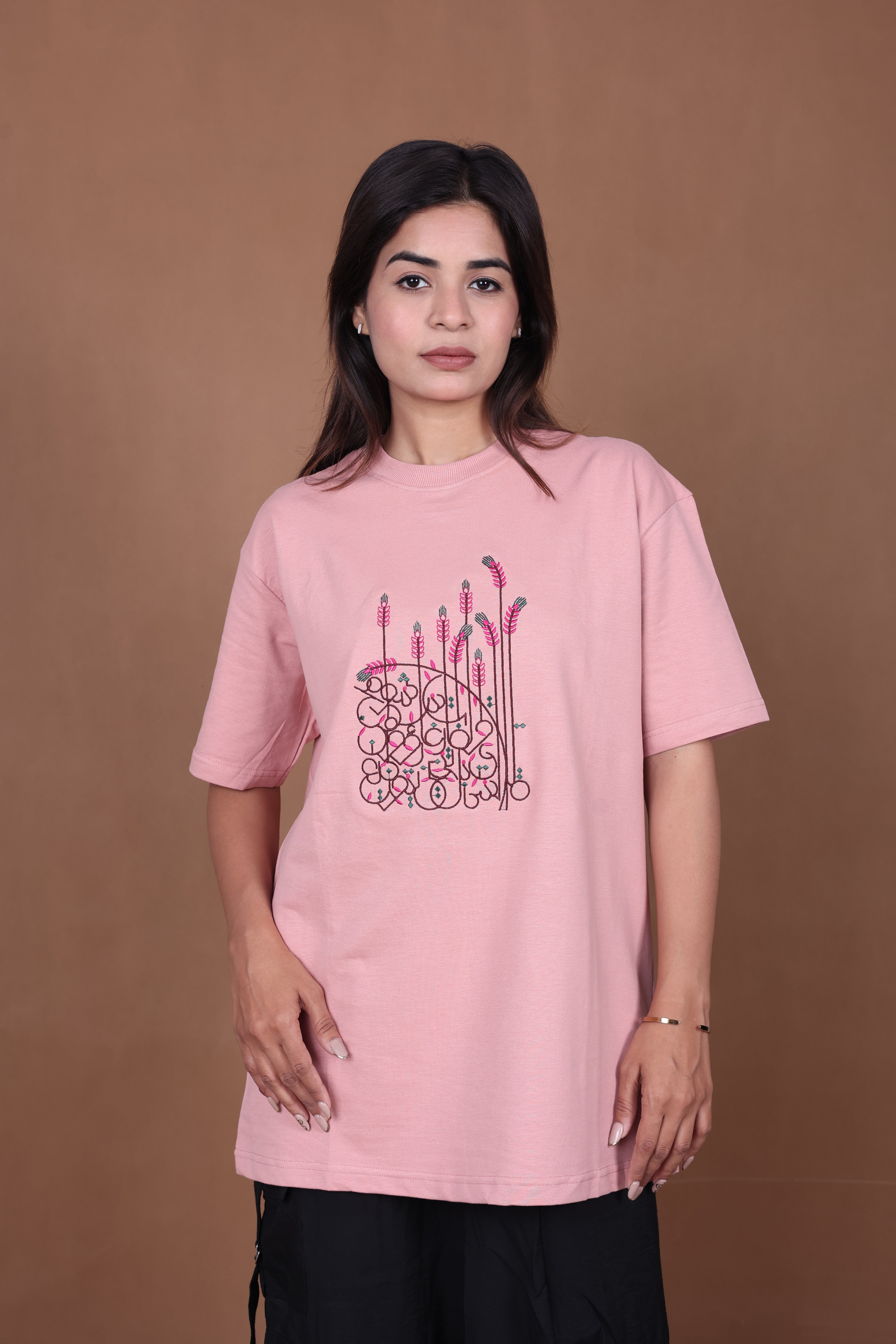 Embroidered Oversized T-shirt | Flower Wild Stitch Design Premium | Pink T-Shirt