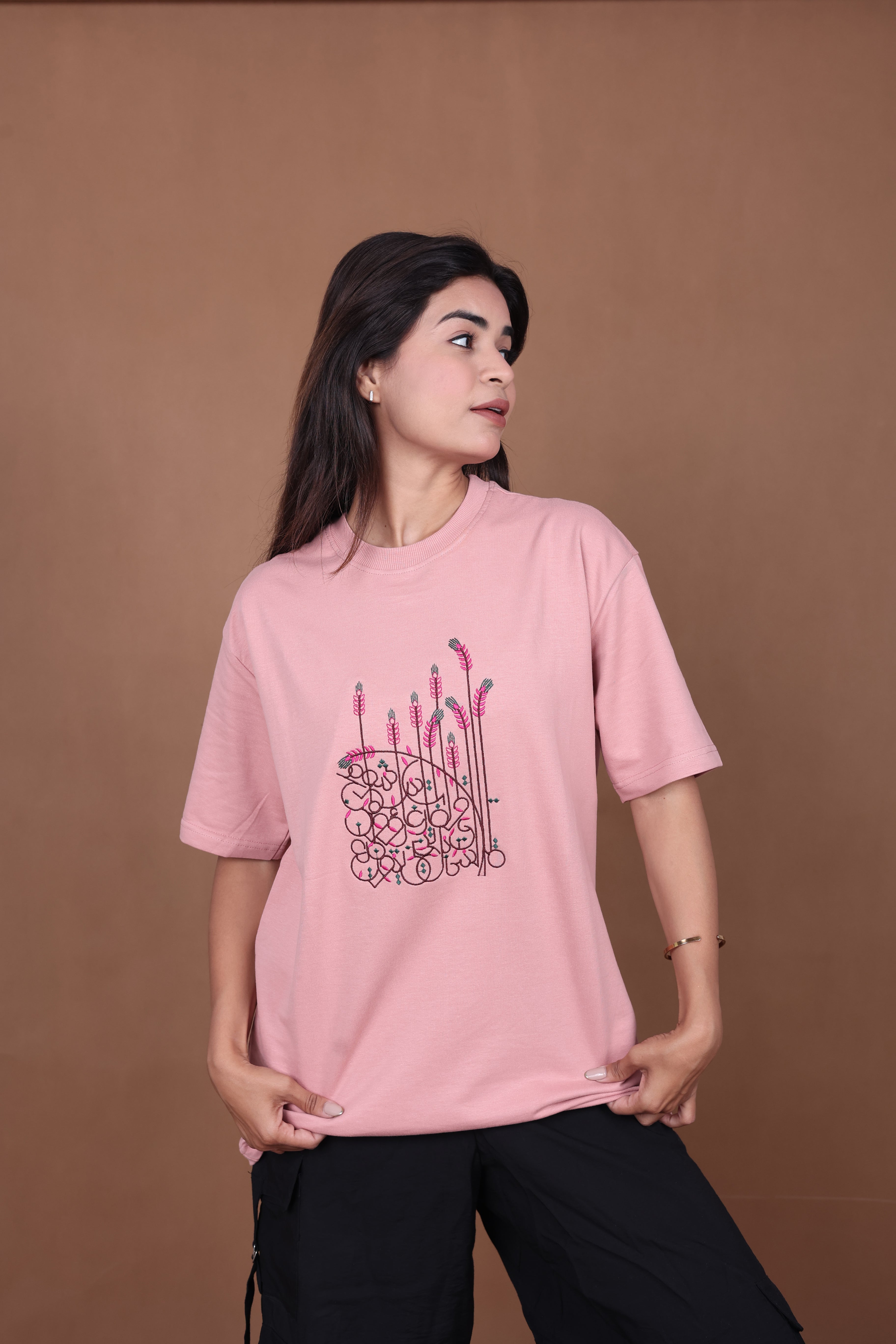 Embroidered Oversized T-shirt | Flower Wild Stitch Design Premium | Pink T-Shirt