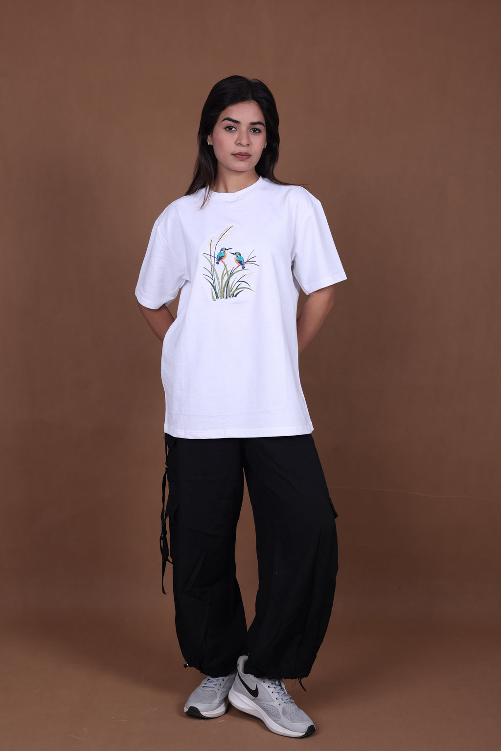 Embroidered Oversized T-Shirt | Nature Bird Embroidery Design Soft Cotton Premium | White T-Shirt