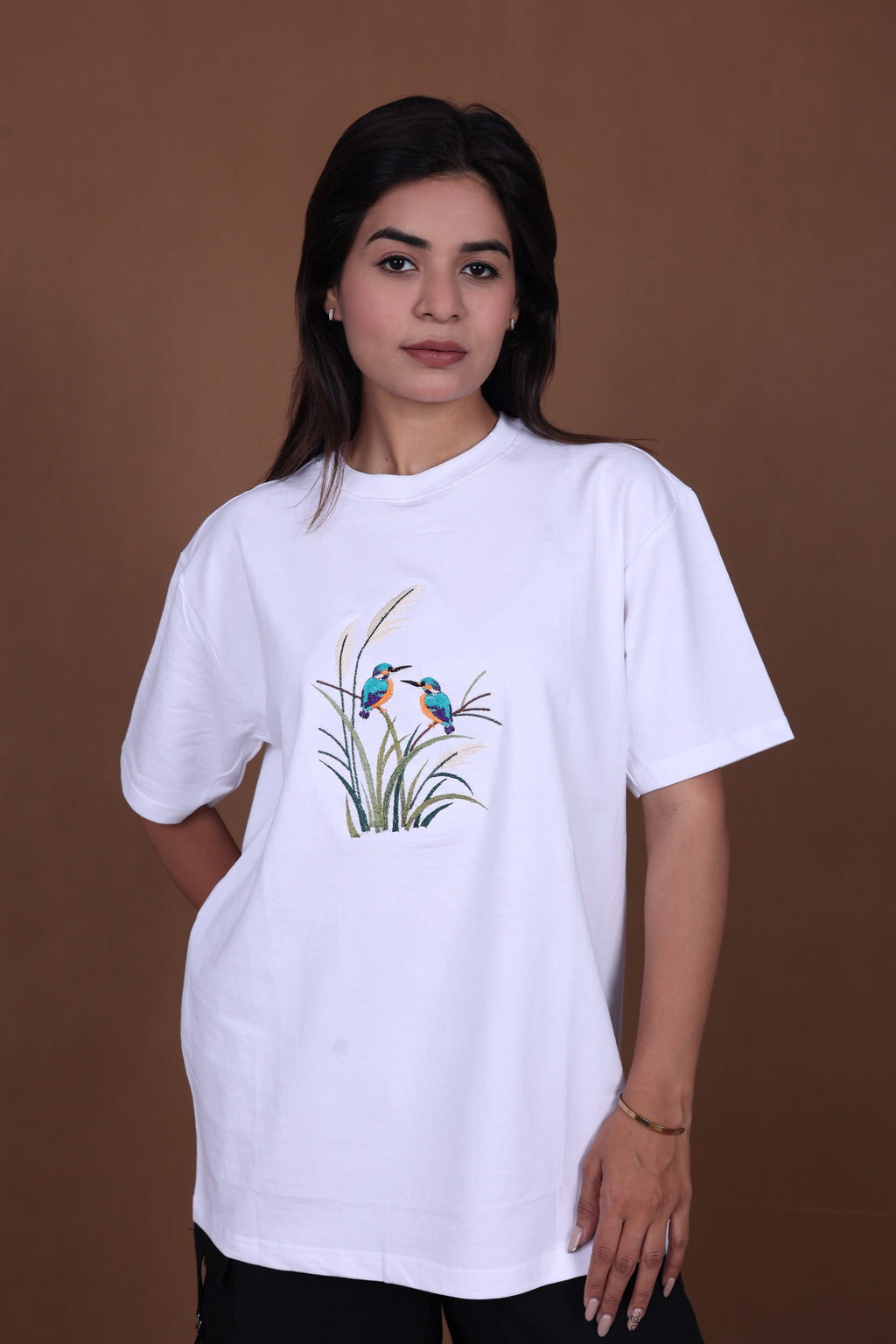 Embroidered Oversized T-Shirt | Nature Bird Embroidery Design Soft Cotton Premium | White T-Shirt