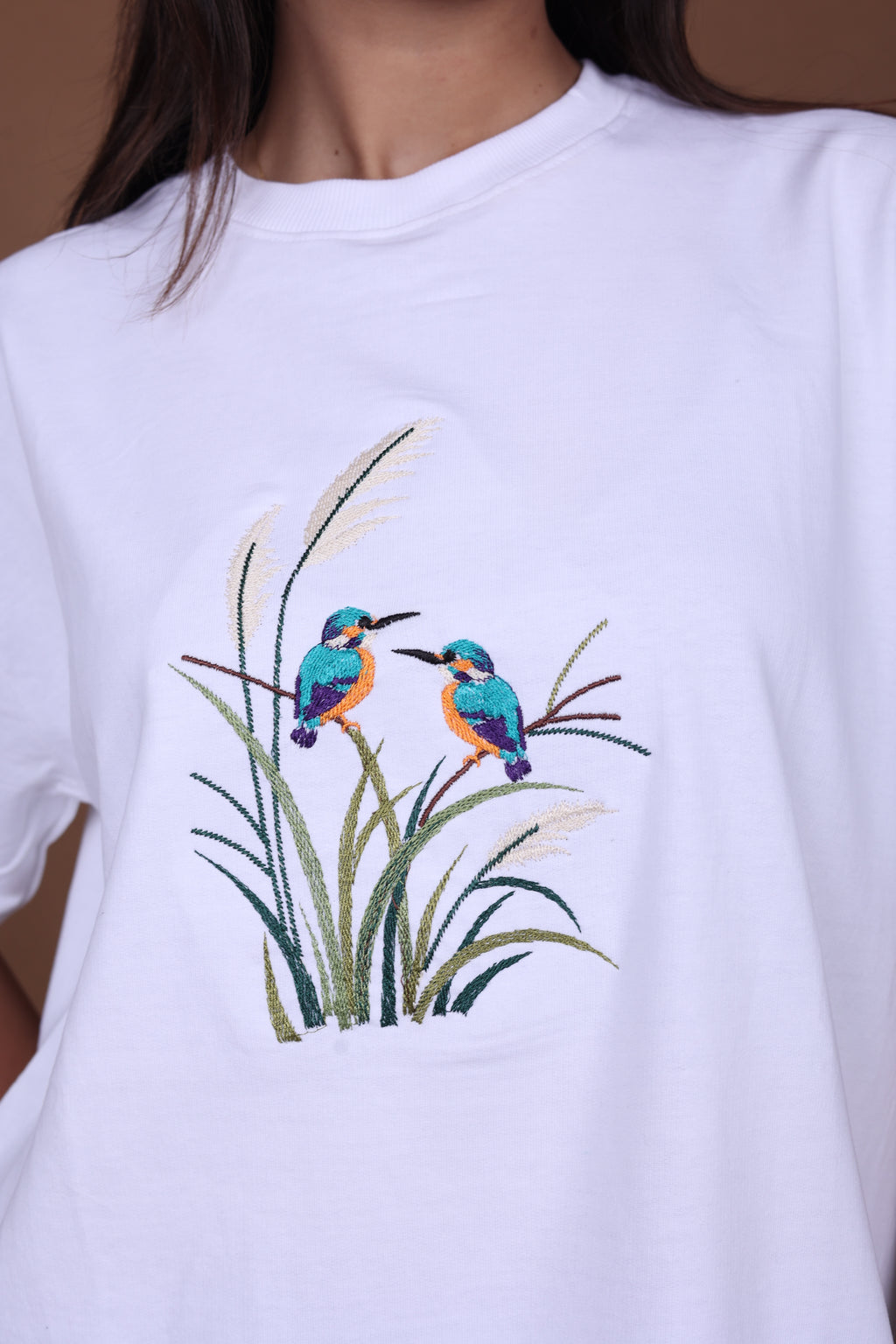 Embroidered Oversized T-Shirt | Nature Bird Embroidery Design Soft Cotton Premium | White T-Shirt