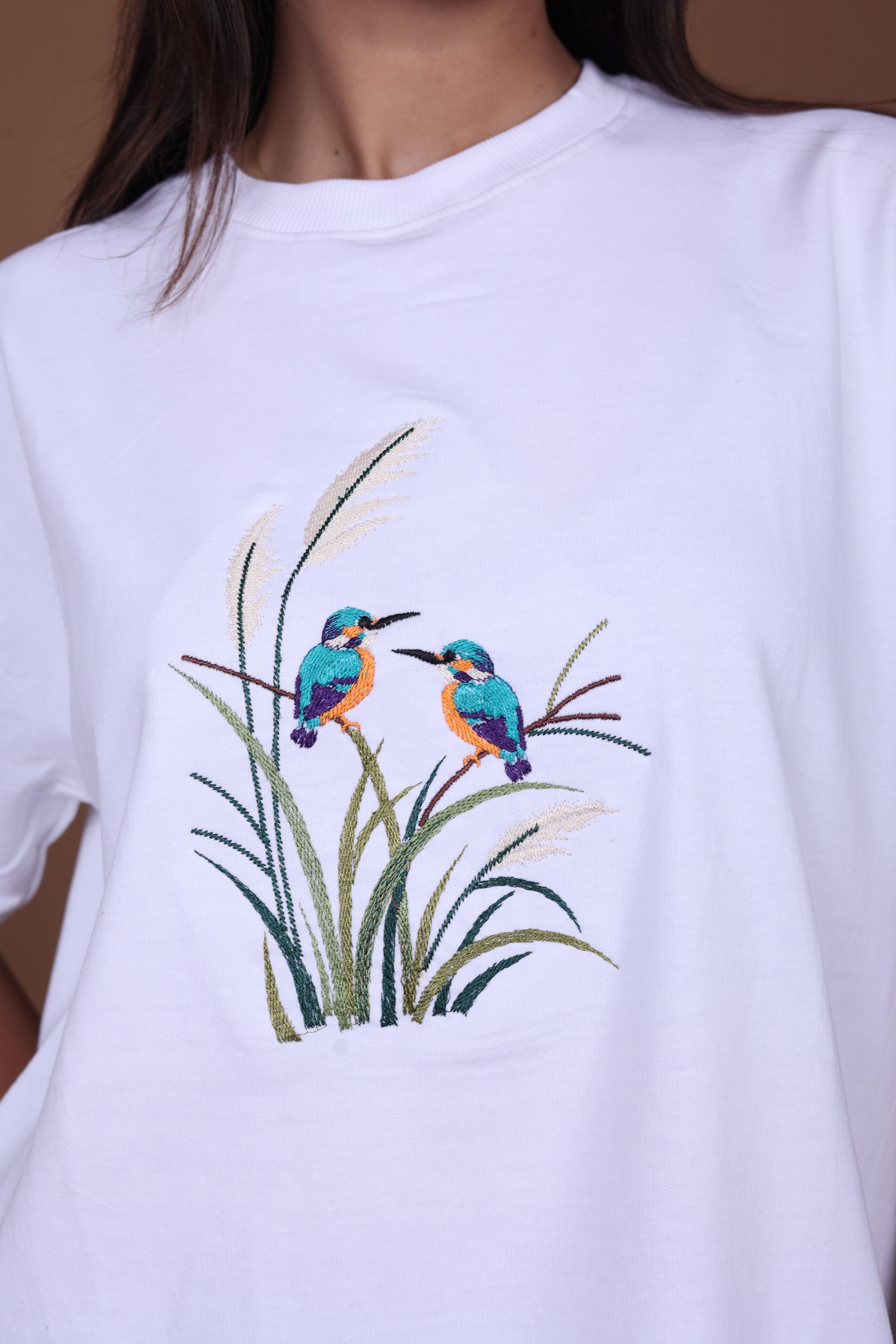 Embroidered Oversized T-Shirt | Nature Bird Embroidery Design Soft Cotton Premium | White T-Shirt