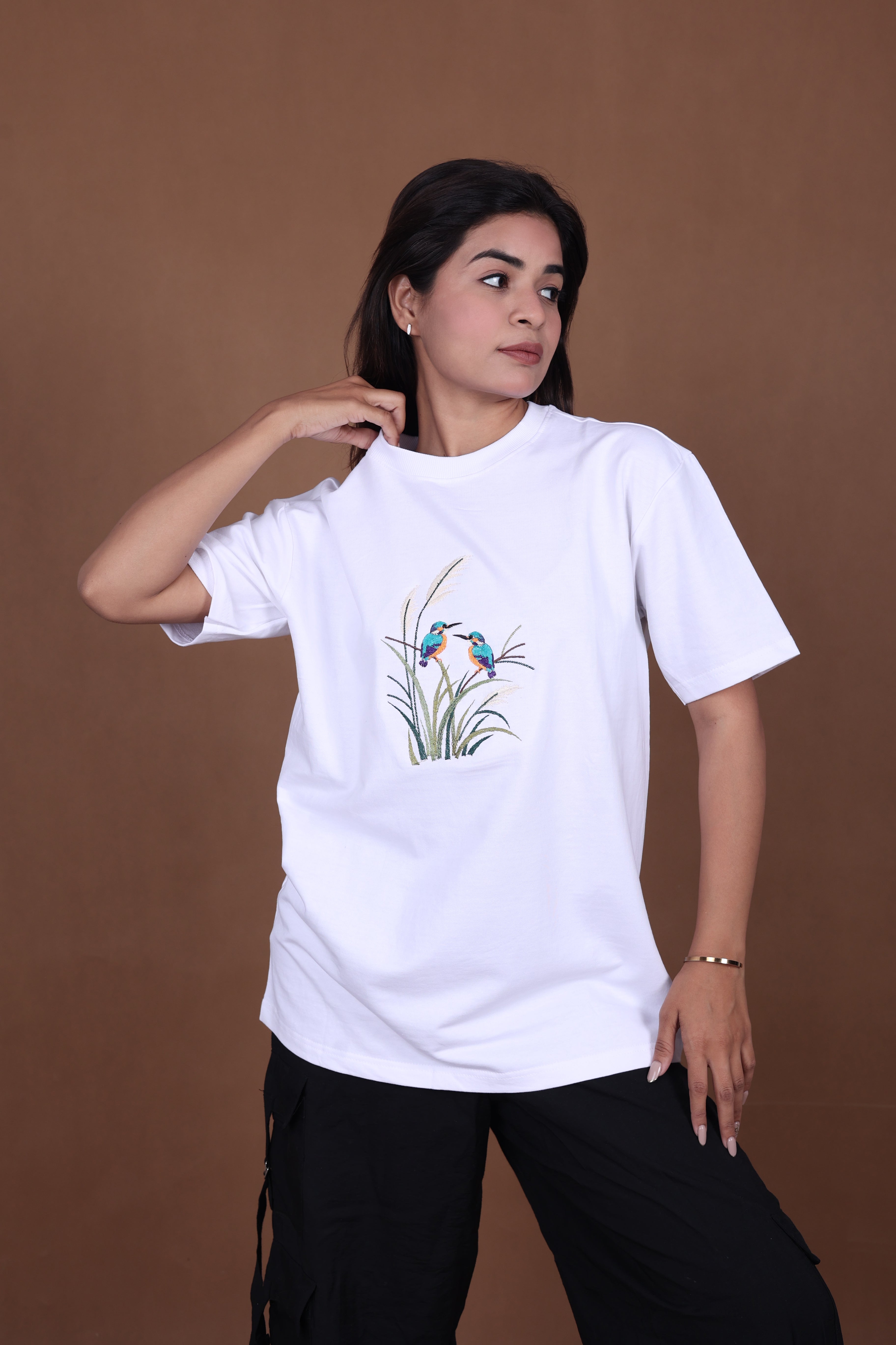 Embroidered Oversized T-Shirt | Nature Bird Embroidery Design Soft Cotton Premium | White T-Shirt