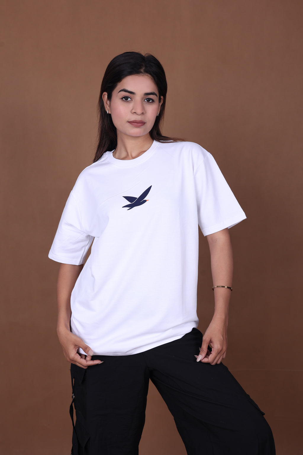 Printed Oversized T-shirt | Freedom Birds Silhouette Back Print | White T-Shirt