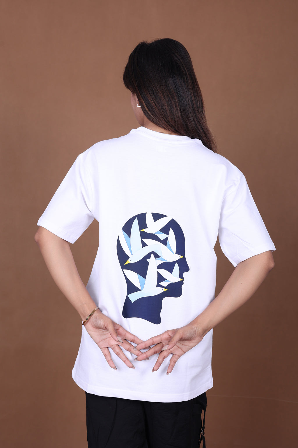 Printed Oversized T-shirt | Freedom Birds Silhouette Back Print | White T-Shirt
