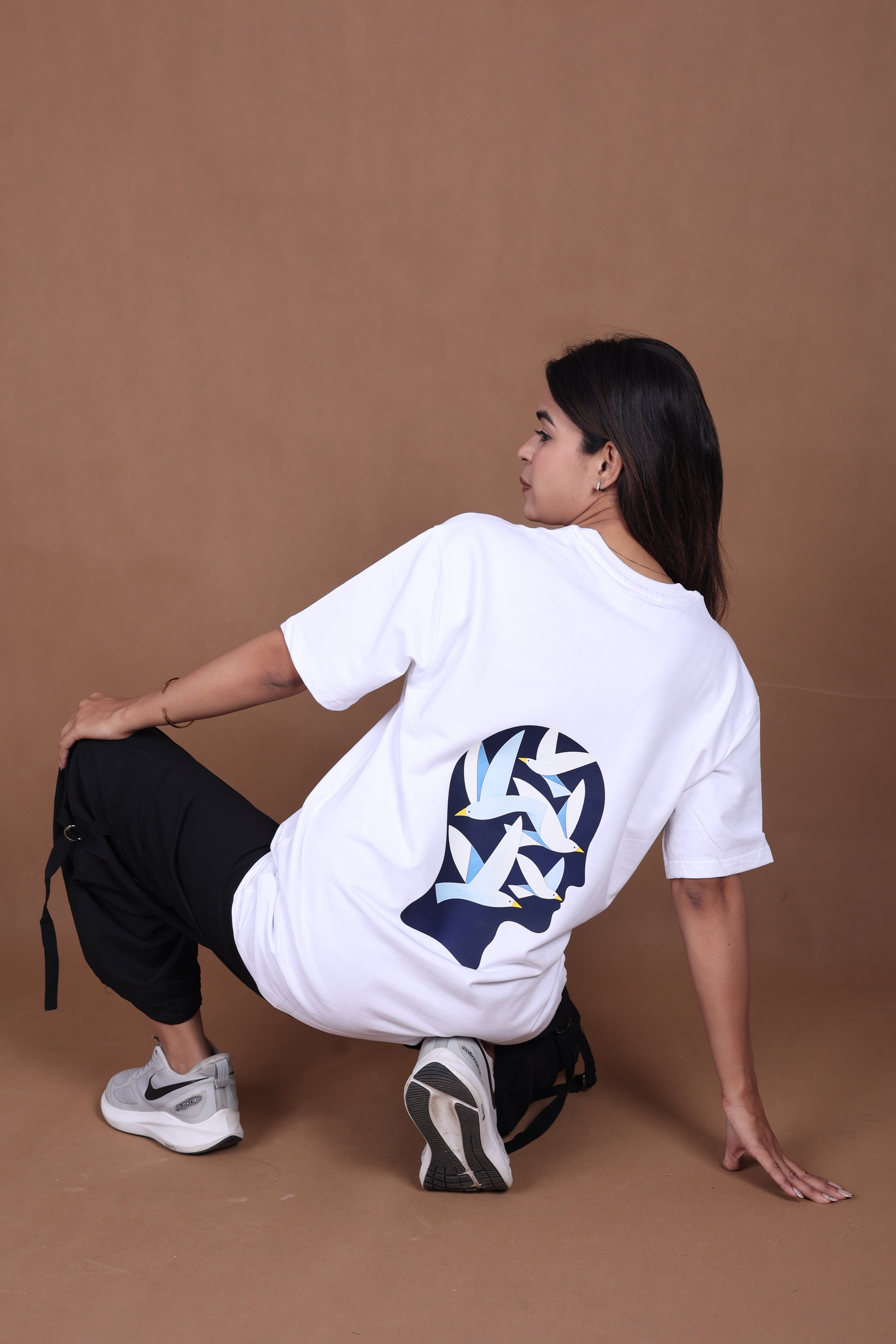 Printed Oversized T-shirt | Freedom Birds Silhouette Back Print | White T-Shirt