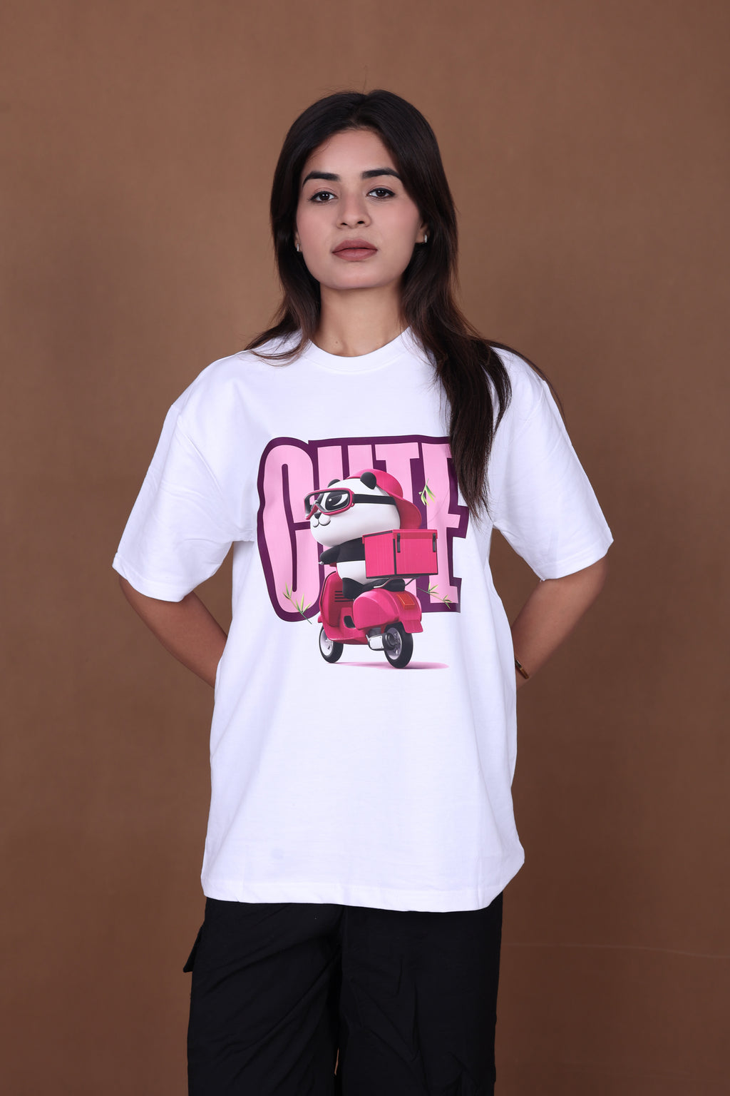 Printed Oversized T-shirt | Cute Panda Scooter Graphic | White T-Shirt