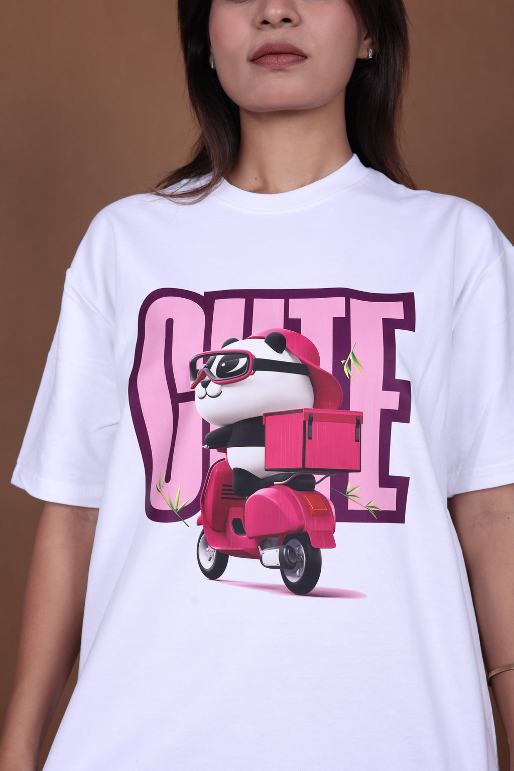 Printed Oversized T-shirt | Cute Panda Scooter Graphic | White T-Shirt