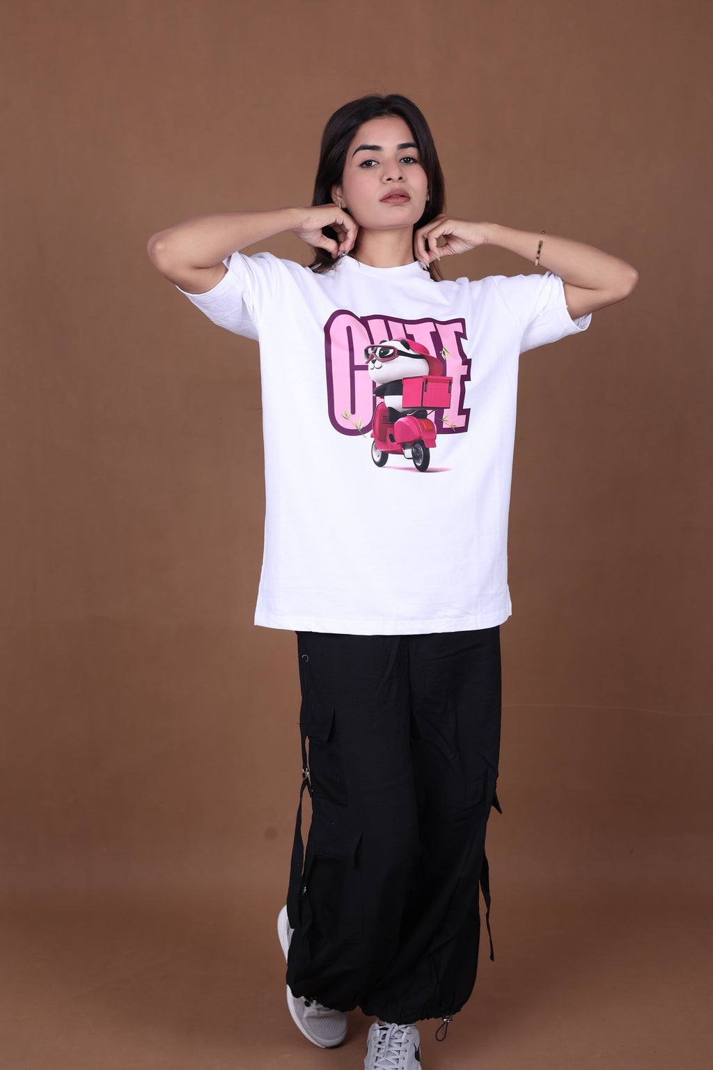 Printed Oversized T-shirt | Cute Panda Scooter Graphic | White T-Shirt