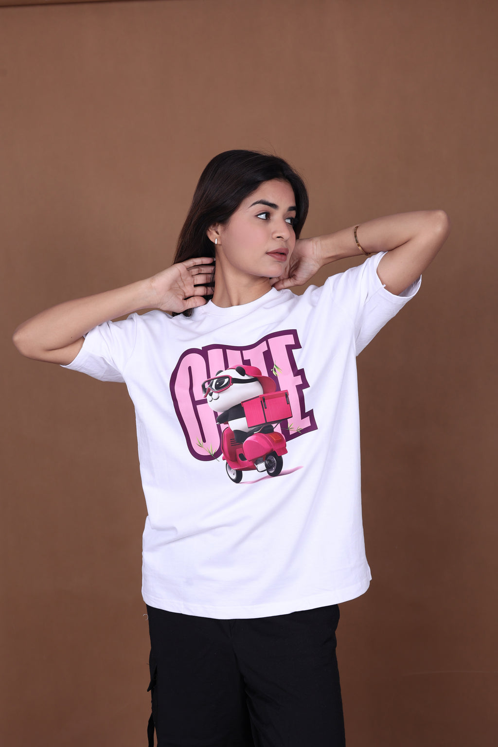 Printed Oversized T-shirt | Cute Panda Scooter Graphic | White T-Shirt