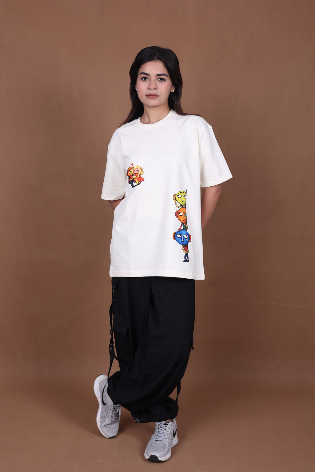 Printed Oversized T-shirt | Aesthetic Funny Characters Print | Off-White T-Shirt