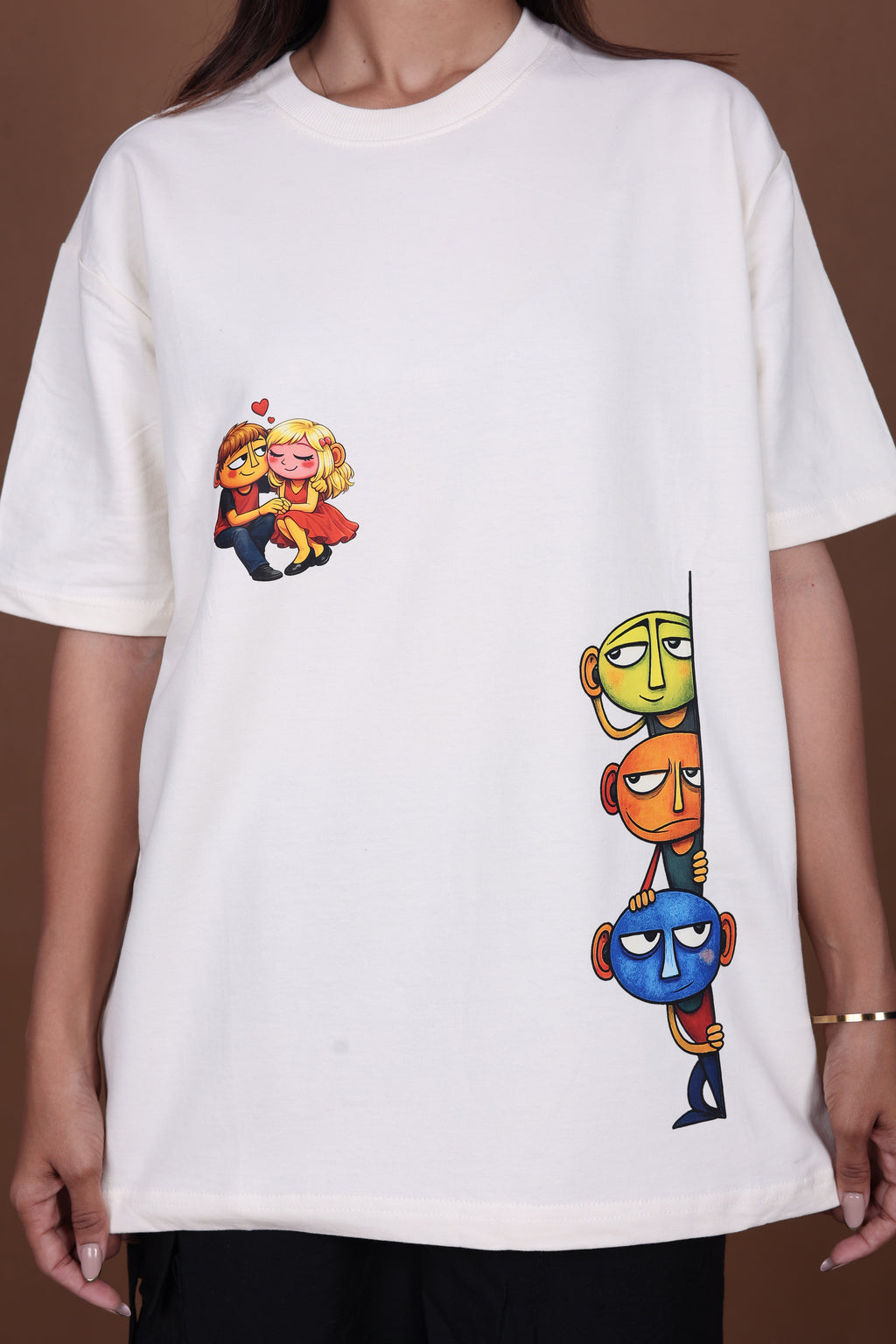 Printed Oversized T-shirt | Aesthetic Funny Characters Print | Off-White T-Shirt