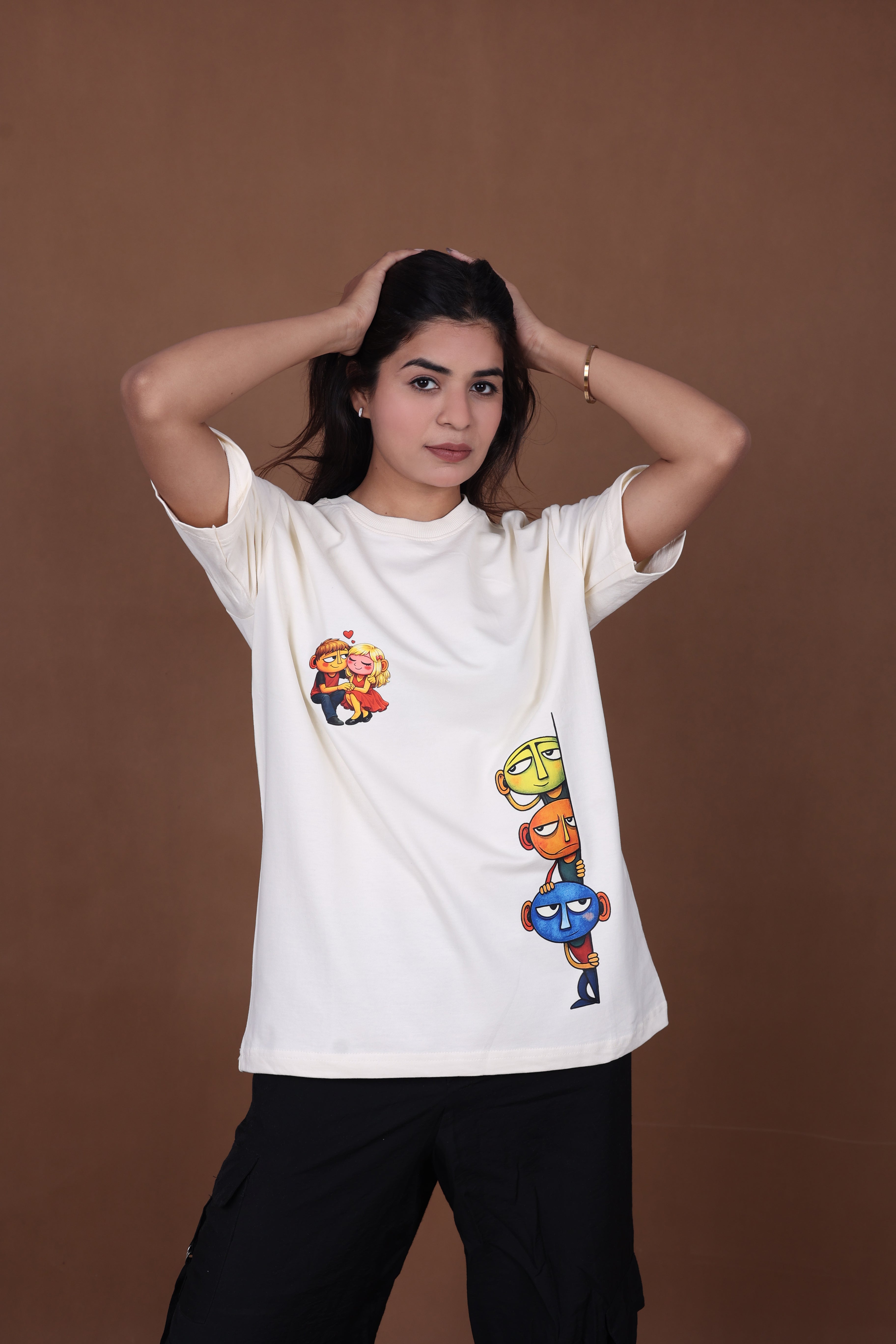 Printed Oversized T-shirt | Aesthetic Funny Characters Print | Off-White T-Shirt