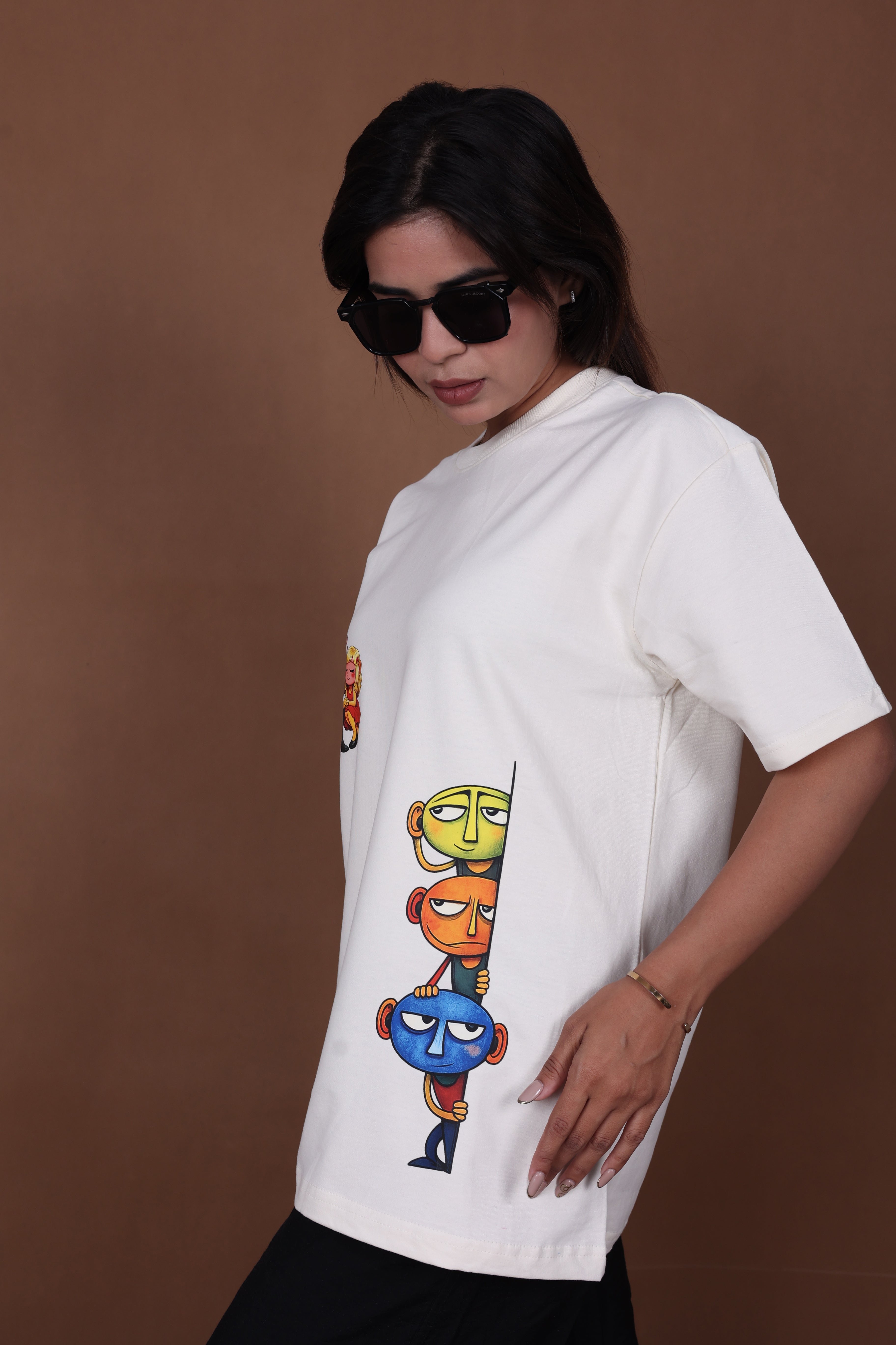 Printed Oversized T-shirt | Aesthetic Funny Characters Print | Off-White T-Shirt