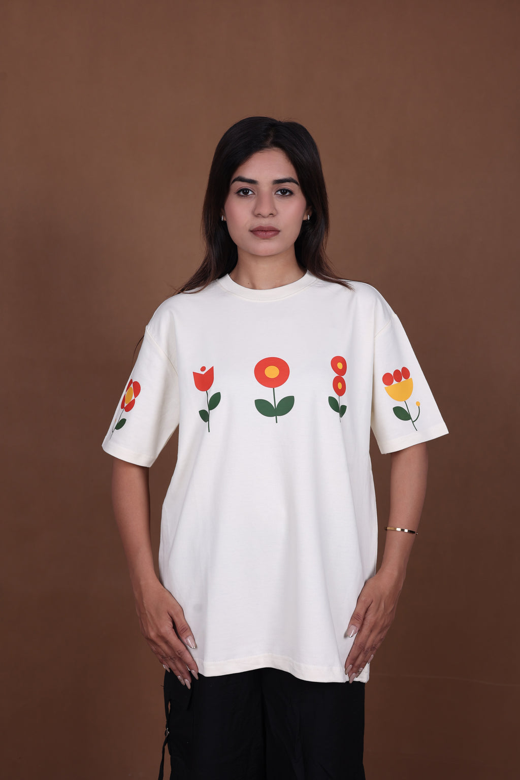 Printed Oversized T-shirt | Minimal Floral Print | Off-White T-Shirt