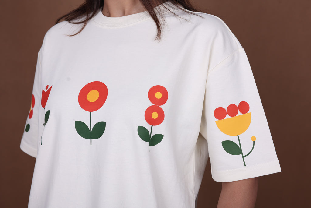 Printed Oversized T-shirt | Minimal Floral Print | Off-White T-Shirt