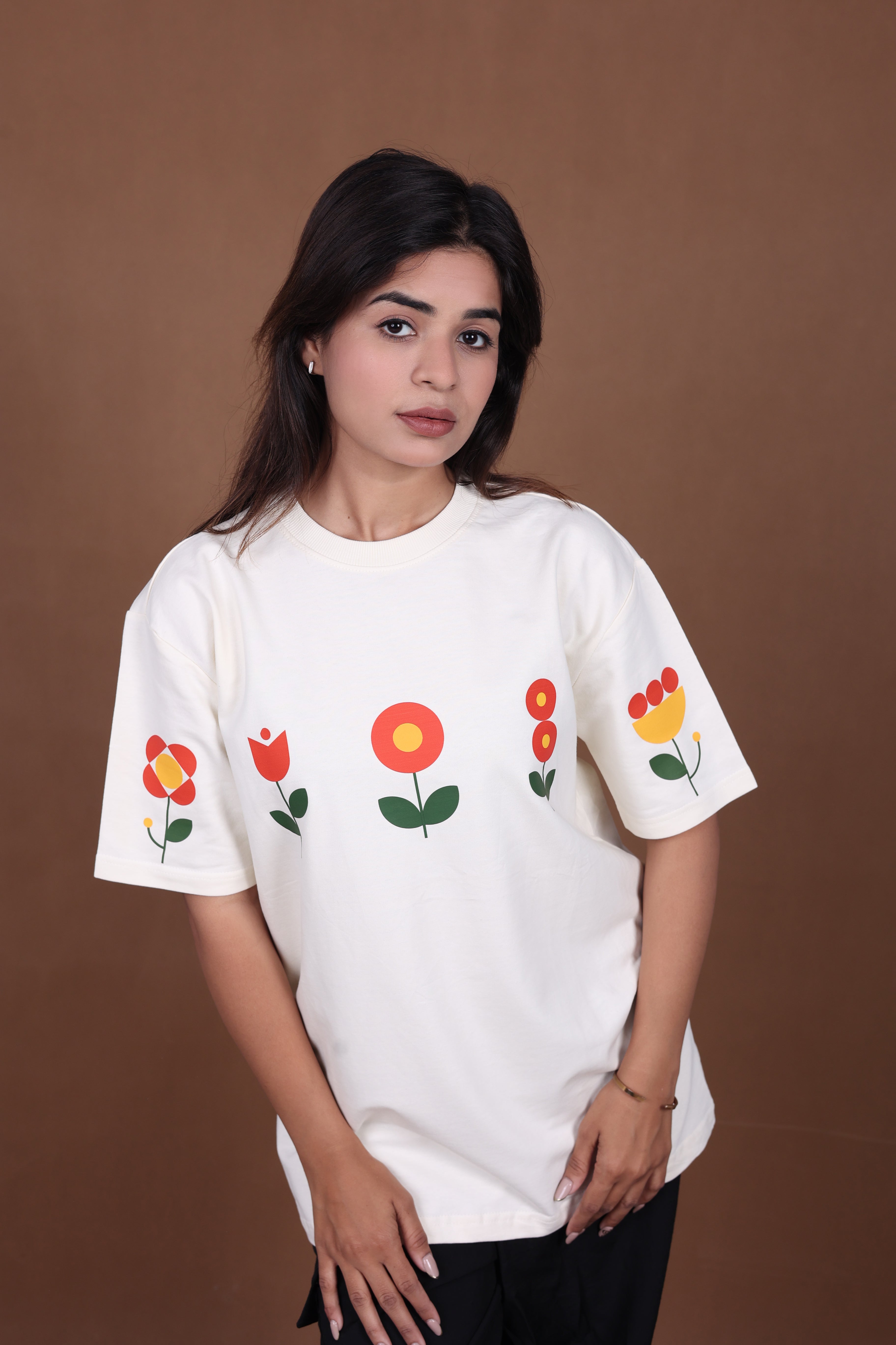 Printed Oversized T-shirt | Minimal Floral Print | Off-White T-Shirt