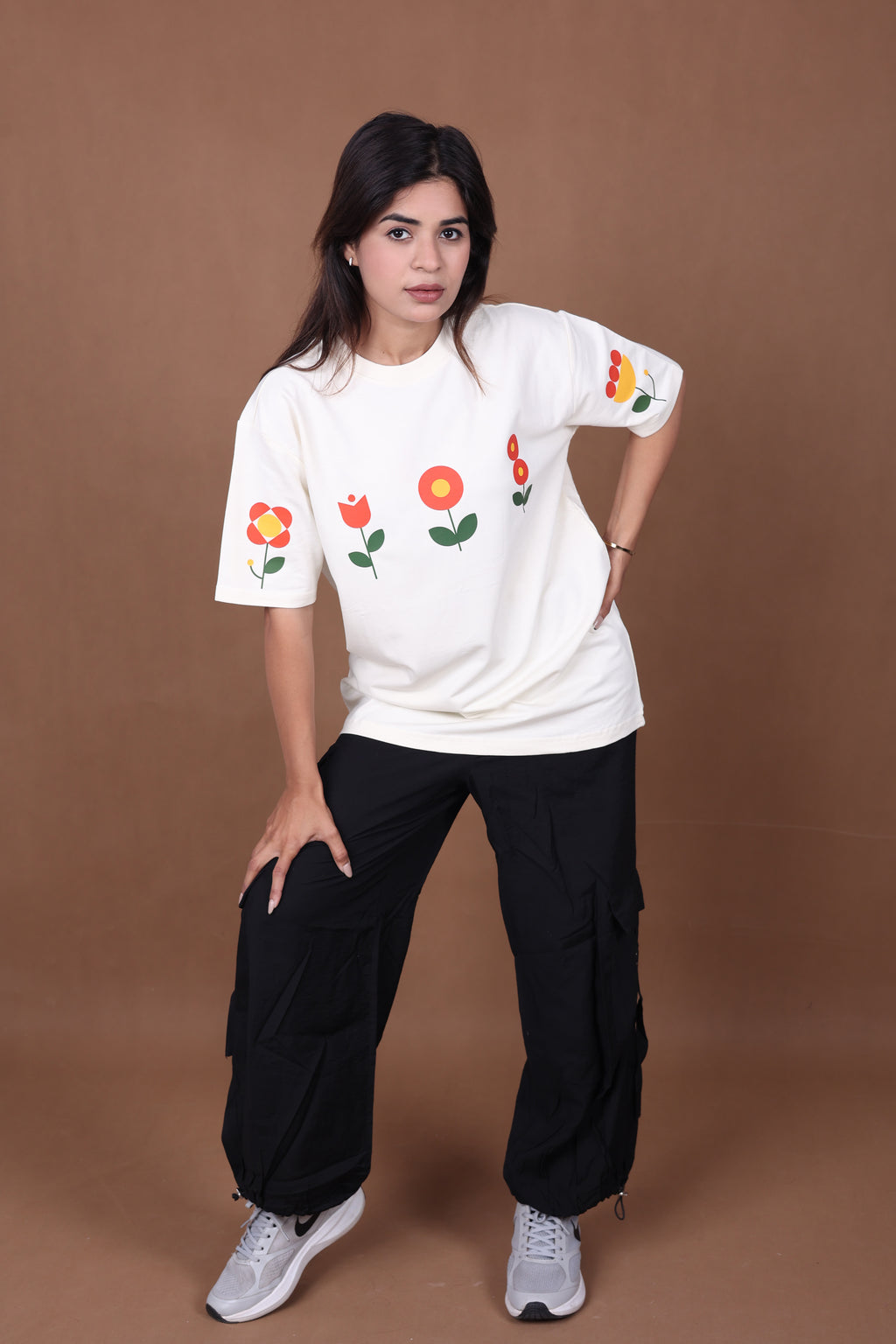 Printed Oversized T-shirt | Minimal Floral Print | Off-White T-Shirt