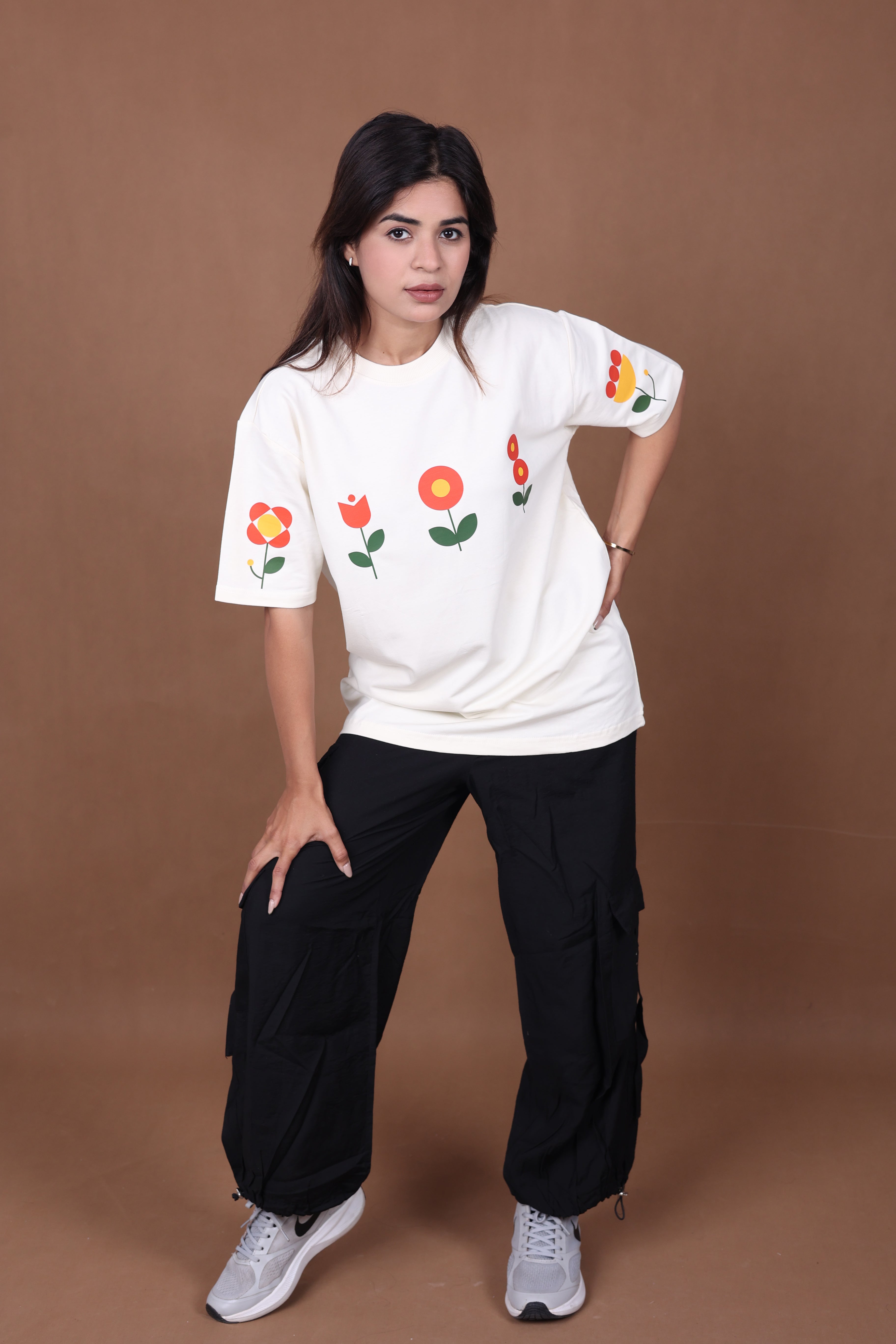 Printed Oversized T-shirt | Minimal Floral Print | Off-White T-Shirt