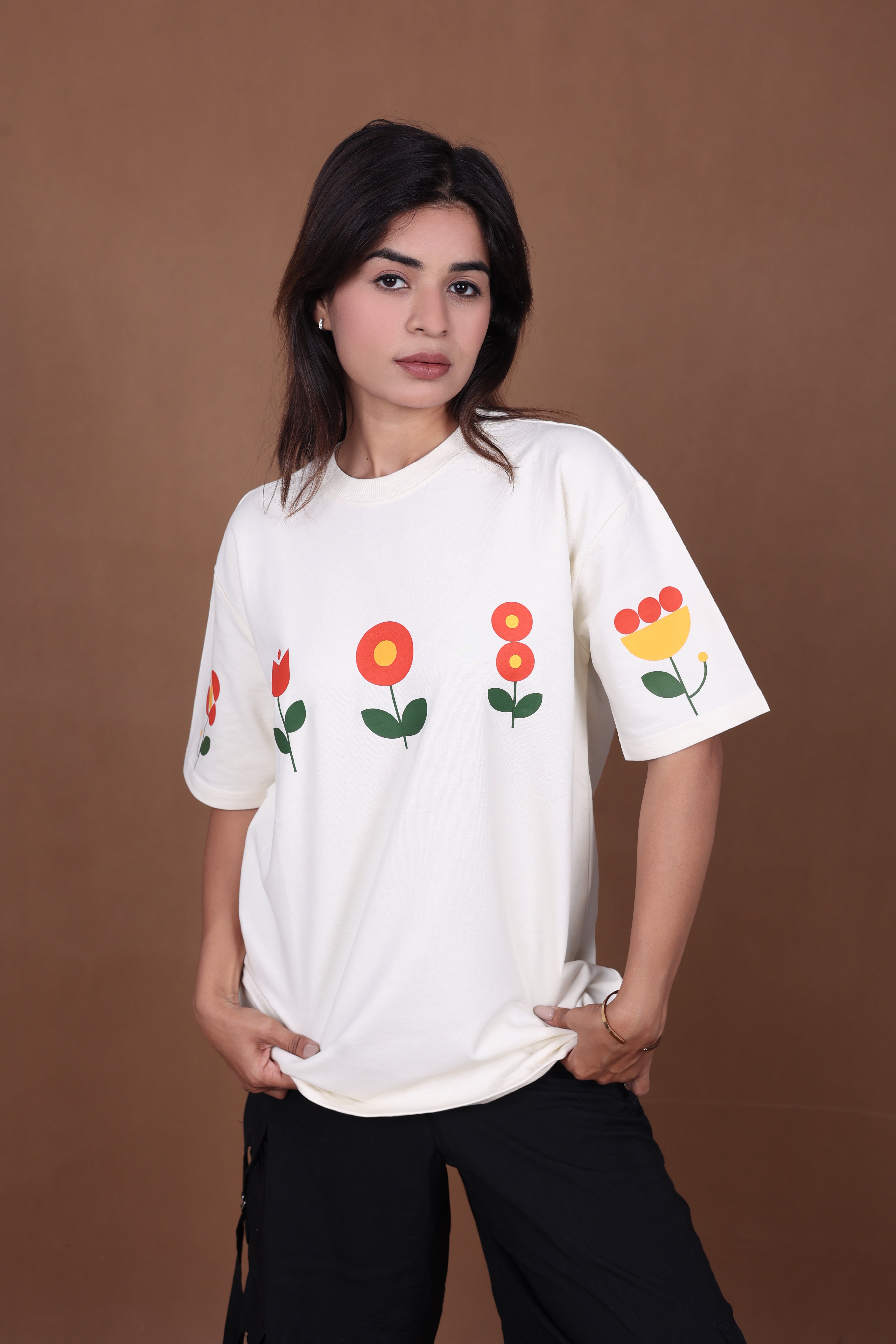 Printed Oversized T-shirt | Minimal Floral Print | Off-White T-Shirt