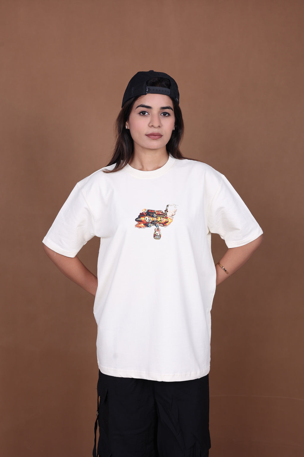 Printed Oversized T-shirt | Cute Rabbit Streetwear Print | Off-White T-Shirt