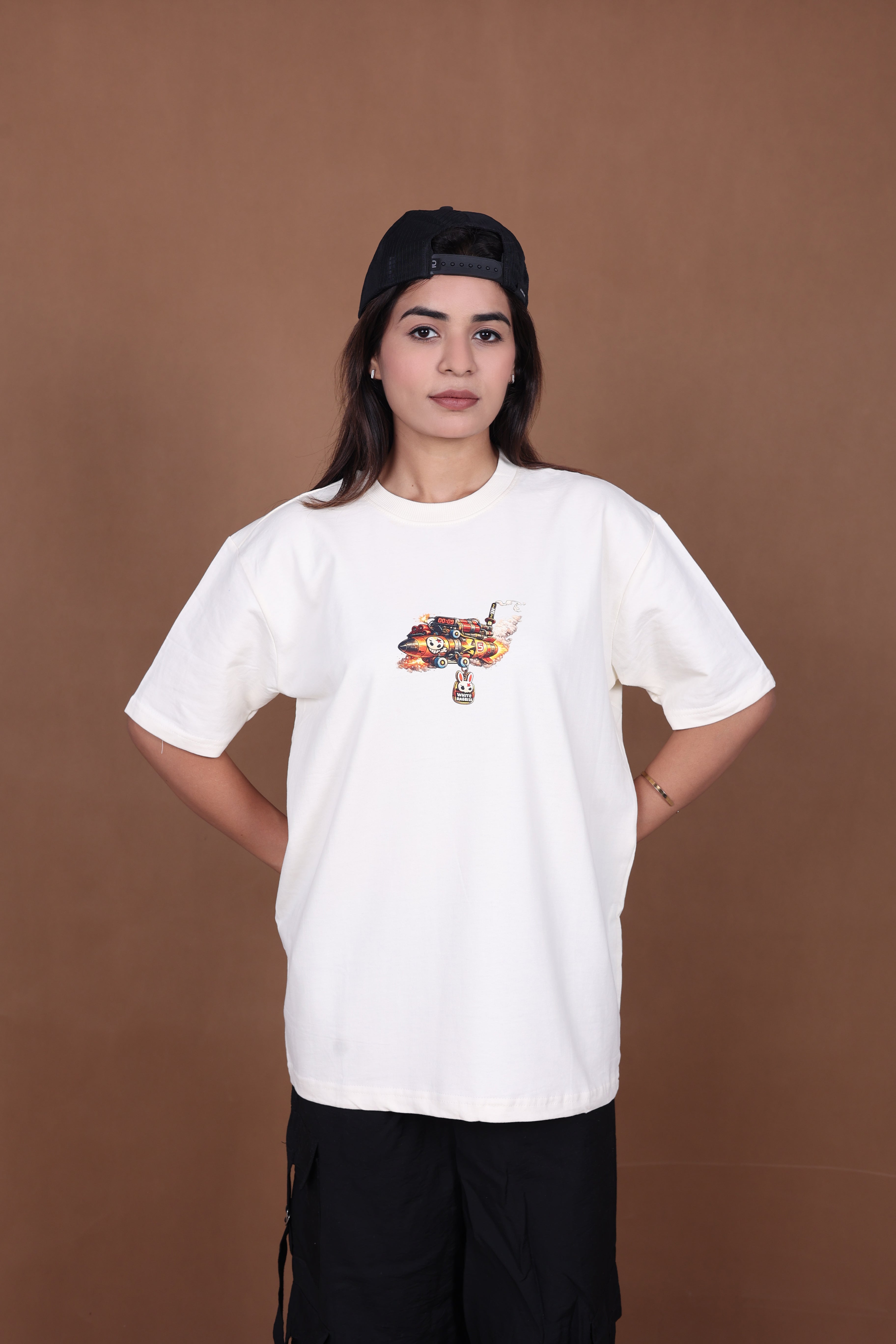 Printed Oversized T-shirt | Cute Rabbit Streetwear Print | Off-White T-Shirt