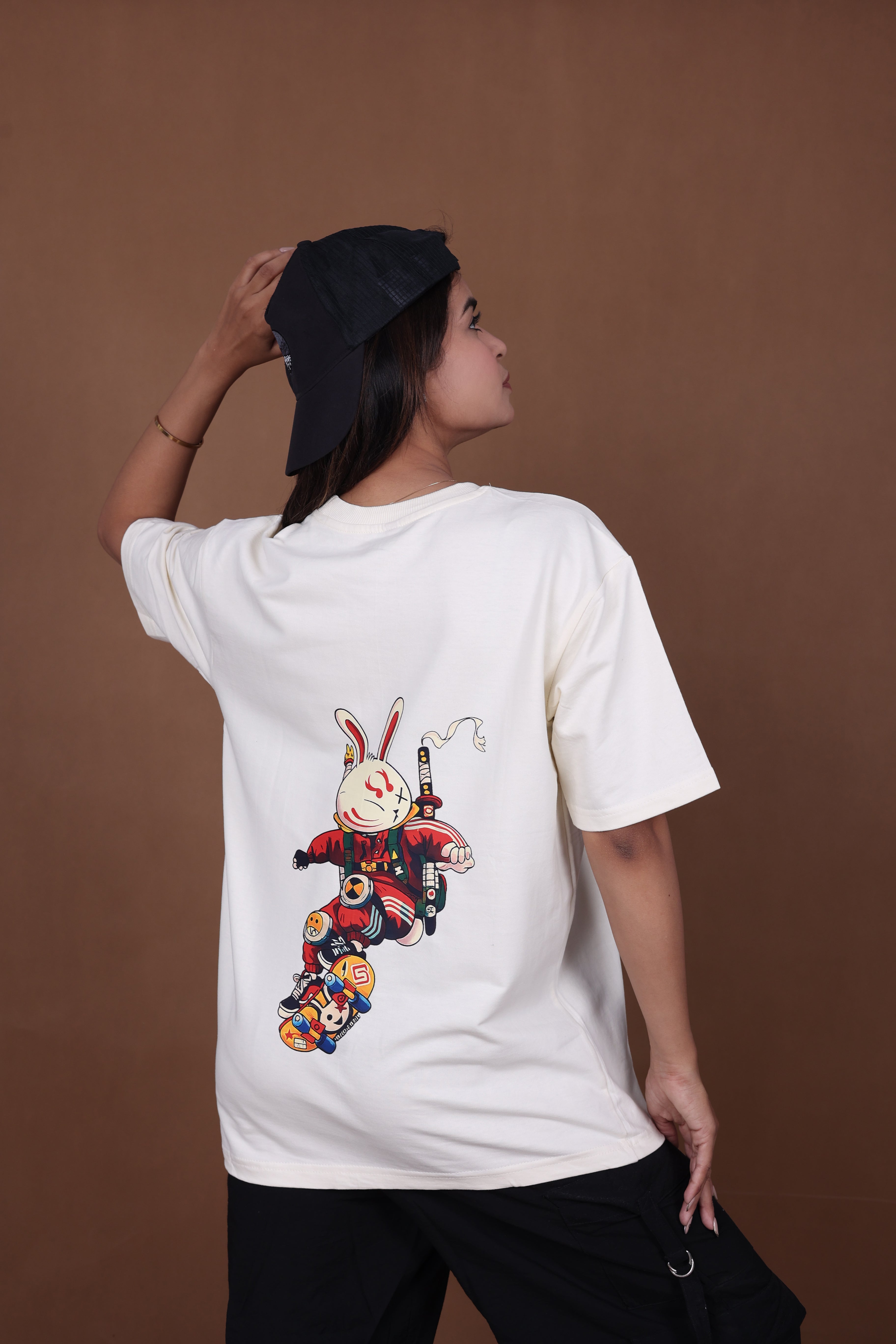 Printed Oversized T-shirt | Cute Rabbit Streetwear Print | Off-White T-Shirt