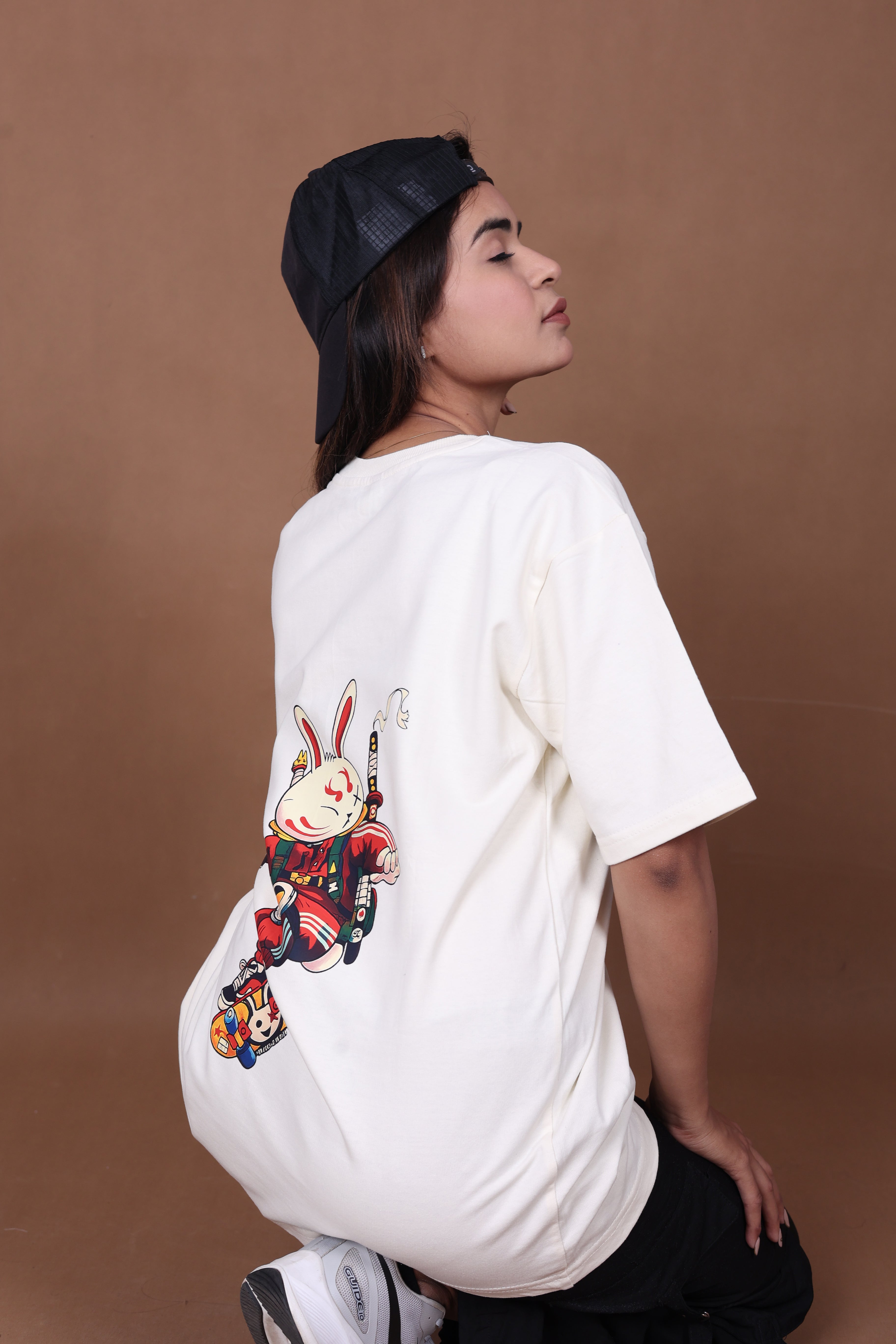 Printed Oversized T-shirt | Cute Rabbit Streetwear Print | Off-White T-Shirt
