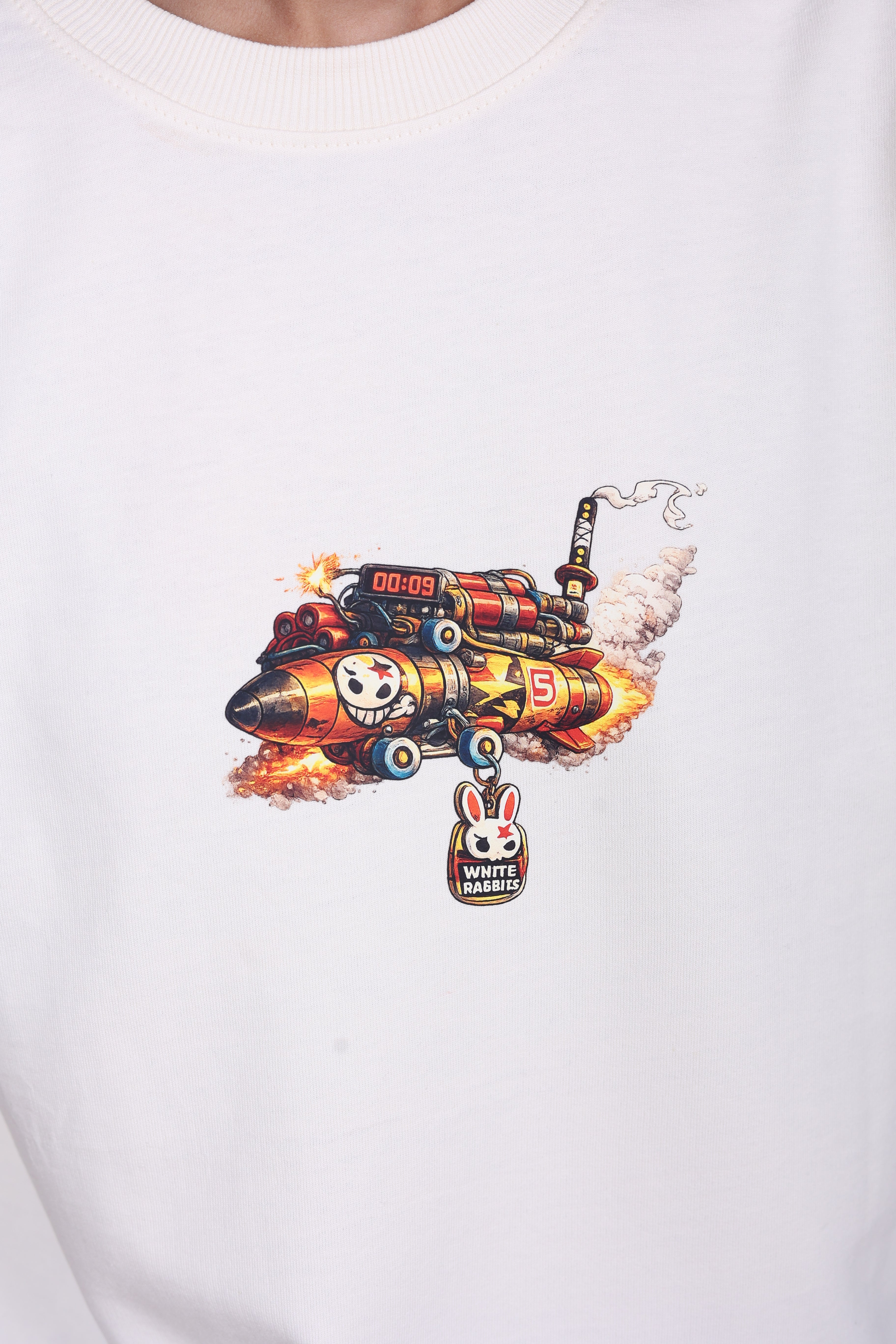 Printed Oversized T-shirt | Cute Rabbit Streetwear Print | Off-White T-Shirt