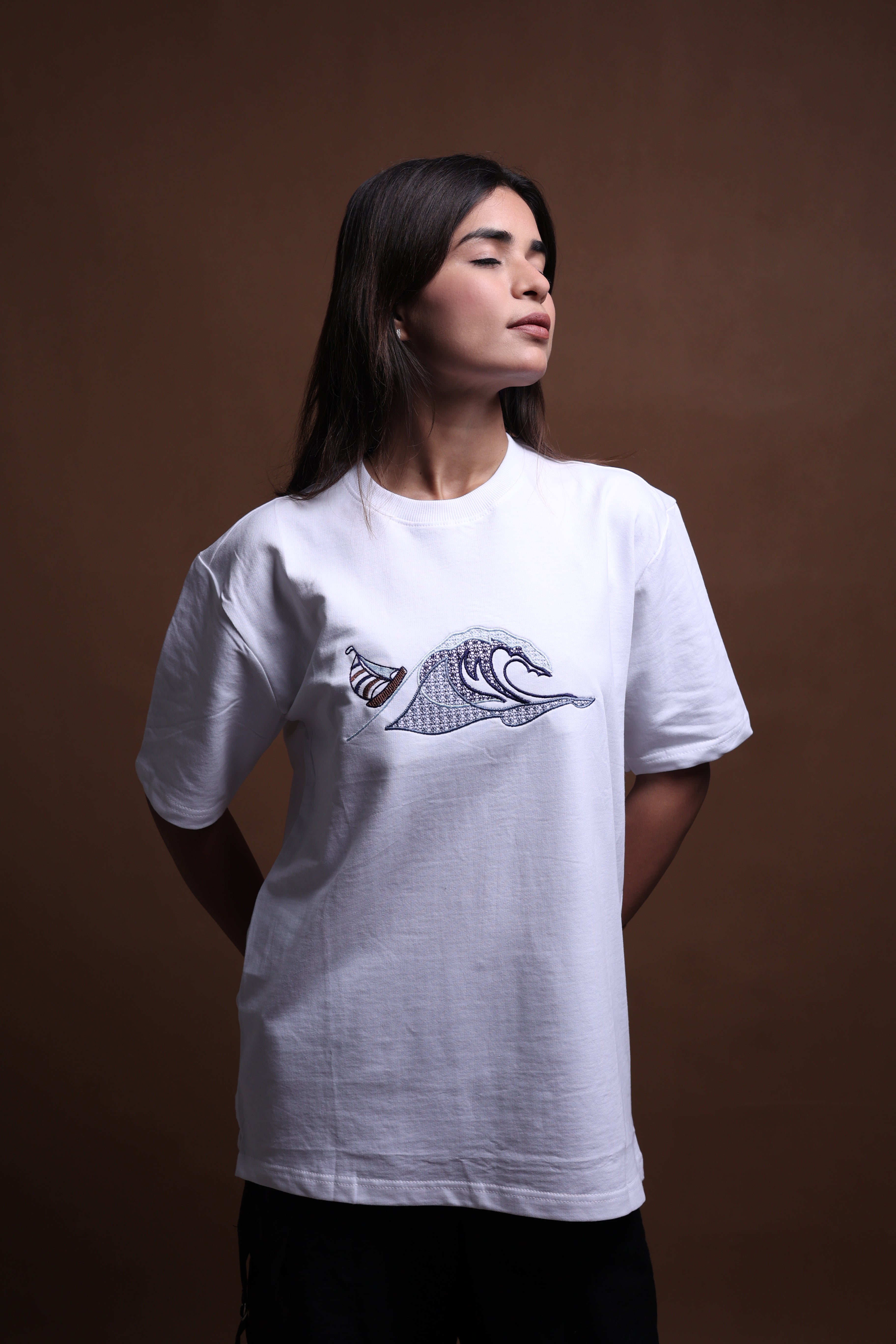 Embroidered Oversized T-shirt | Waves Design Premium | White T-Shirt