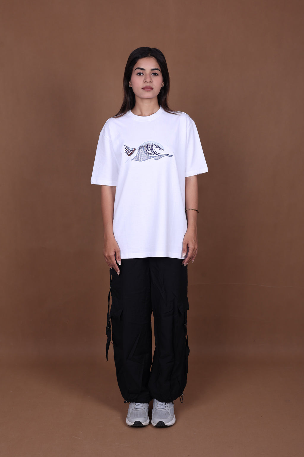 Embroidered Oversized T-shirt | Waves Design Premium | White T-Shirt