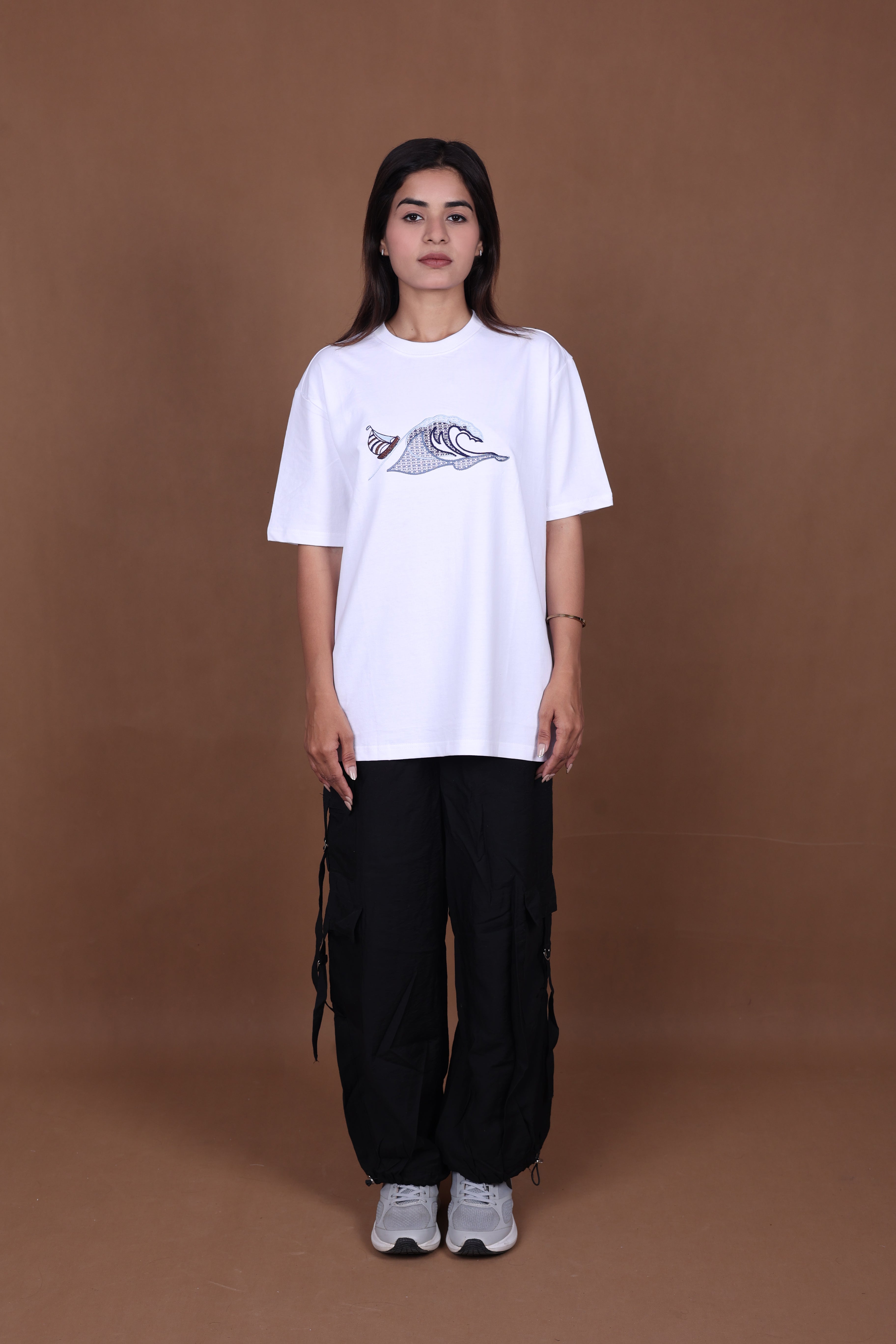 Embroidered Oversized T-shirt | Waves Design Premium | White T-Shirt