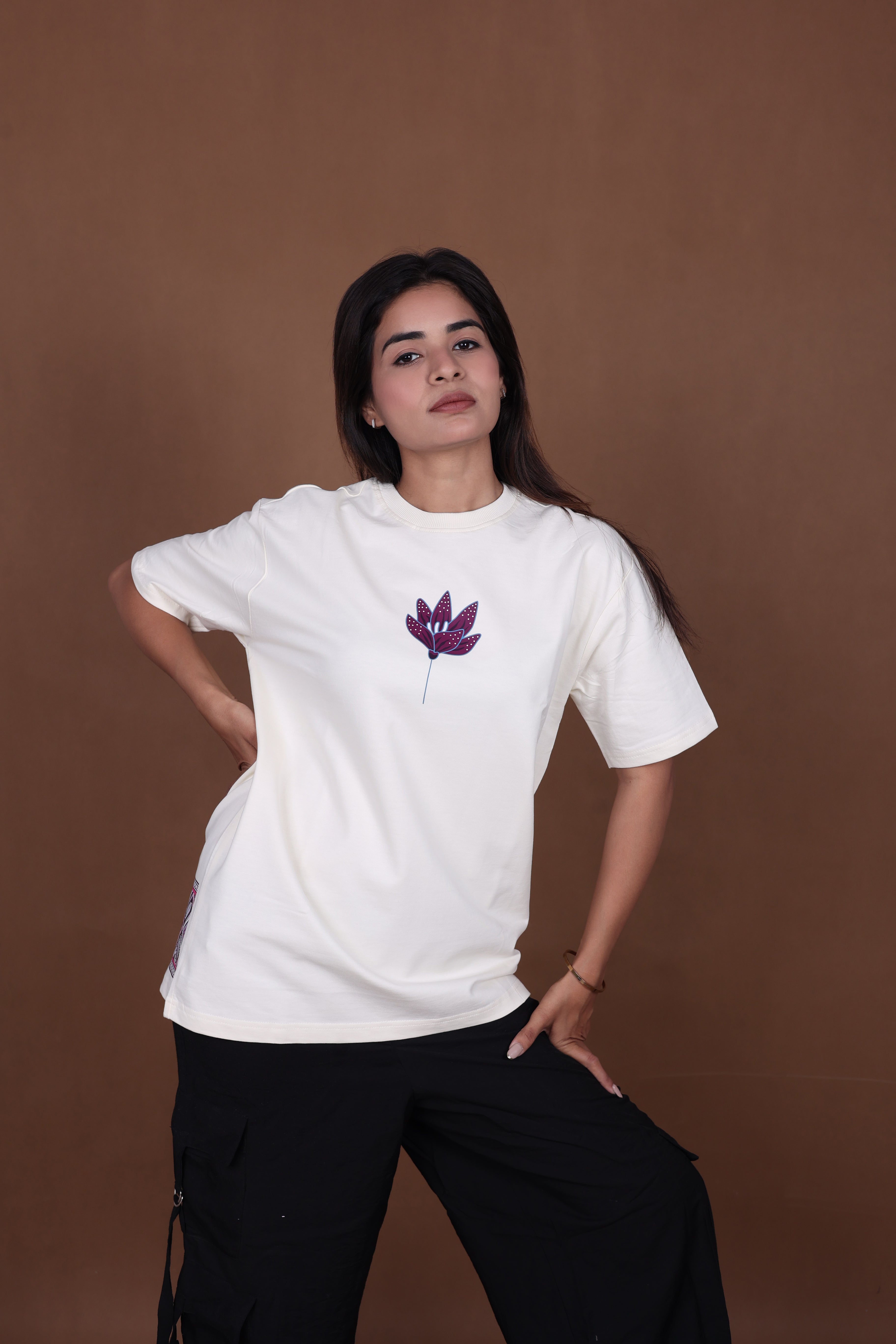 Printed Oversized T-shirt | Ethnic Floral Back Print | Off-White T-Shirt