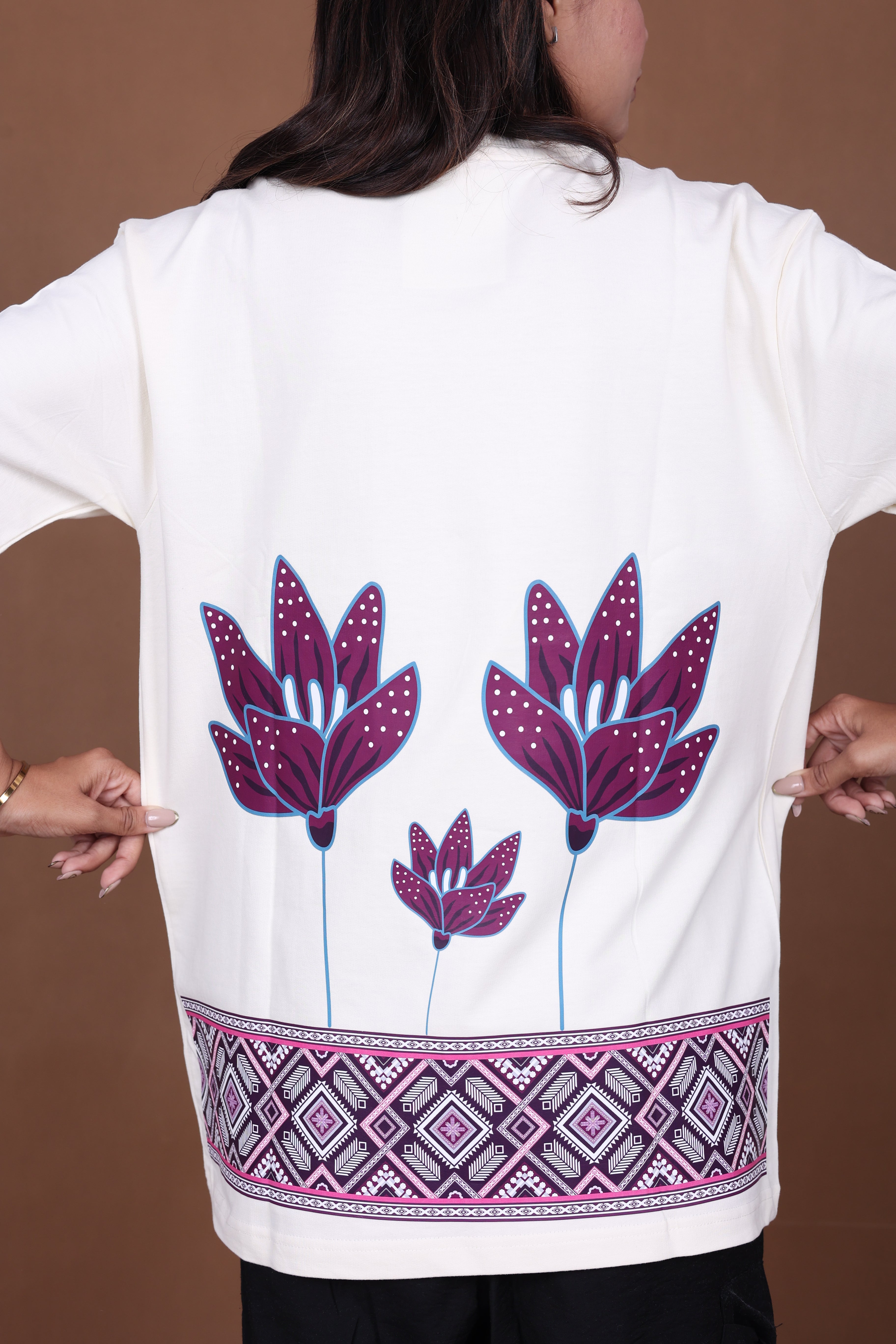 Printed Oversized T-shirt | Ethnic Floral Back Print | Off-White T-Shirt