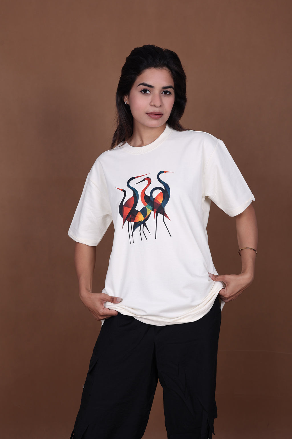 Printed Oversized T-shirt | Trendy Abstract Nature Print | Off-White T-Shirt