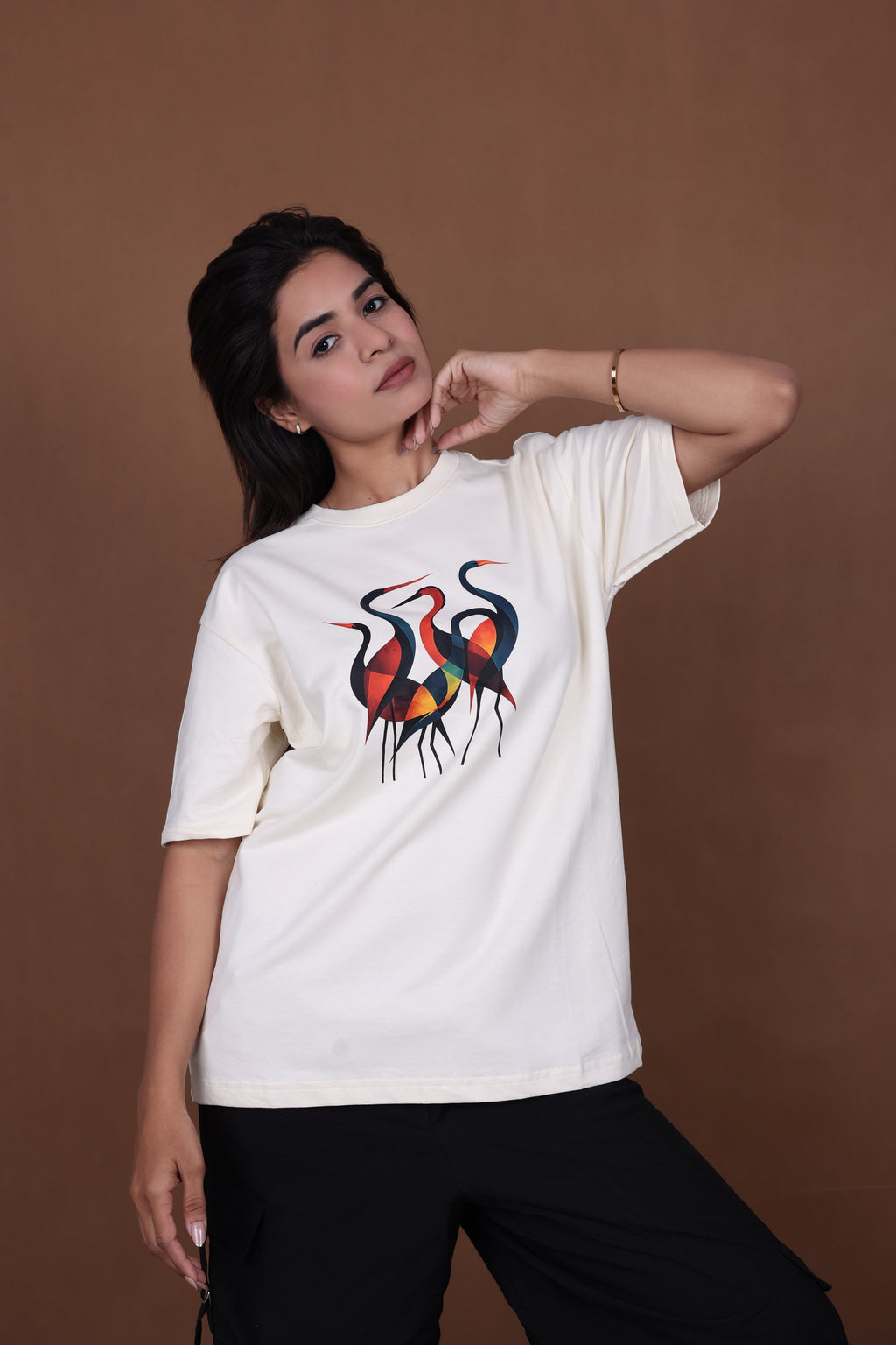 Printed Oversized T-shirt | Trendy Abstract Nature Print | Off-White T-Shirt