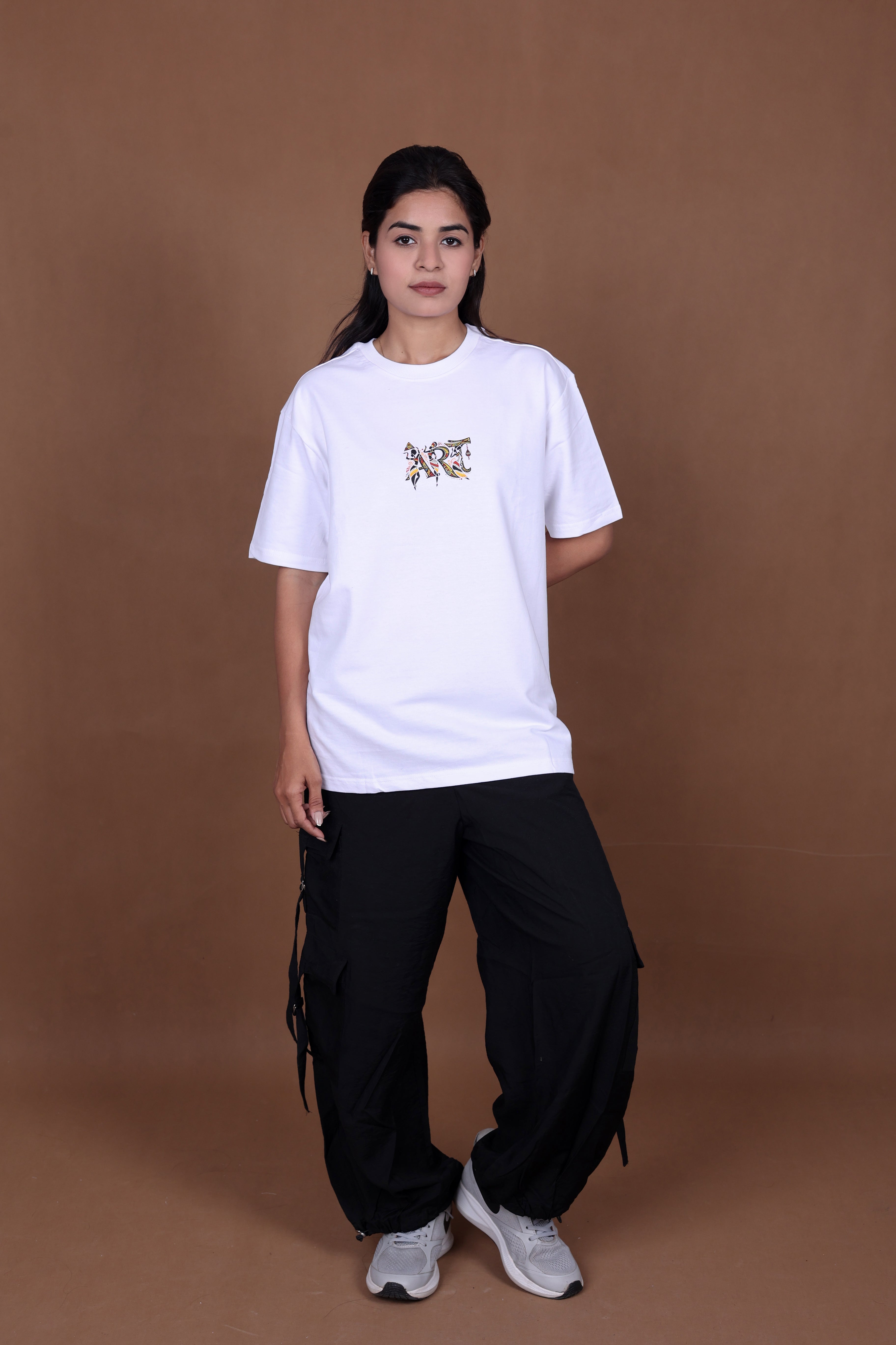 Printed Oversized T-shirt | Tribal Dance Back Print | White T-Shirt