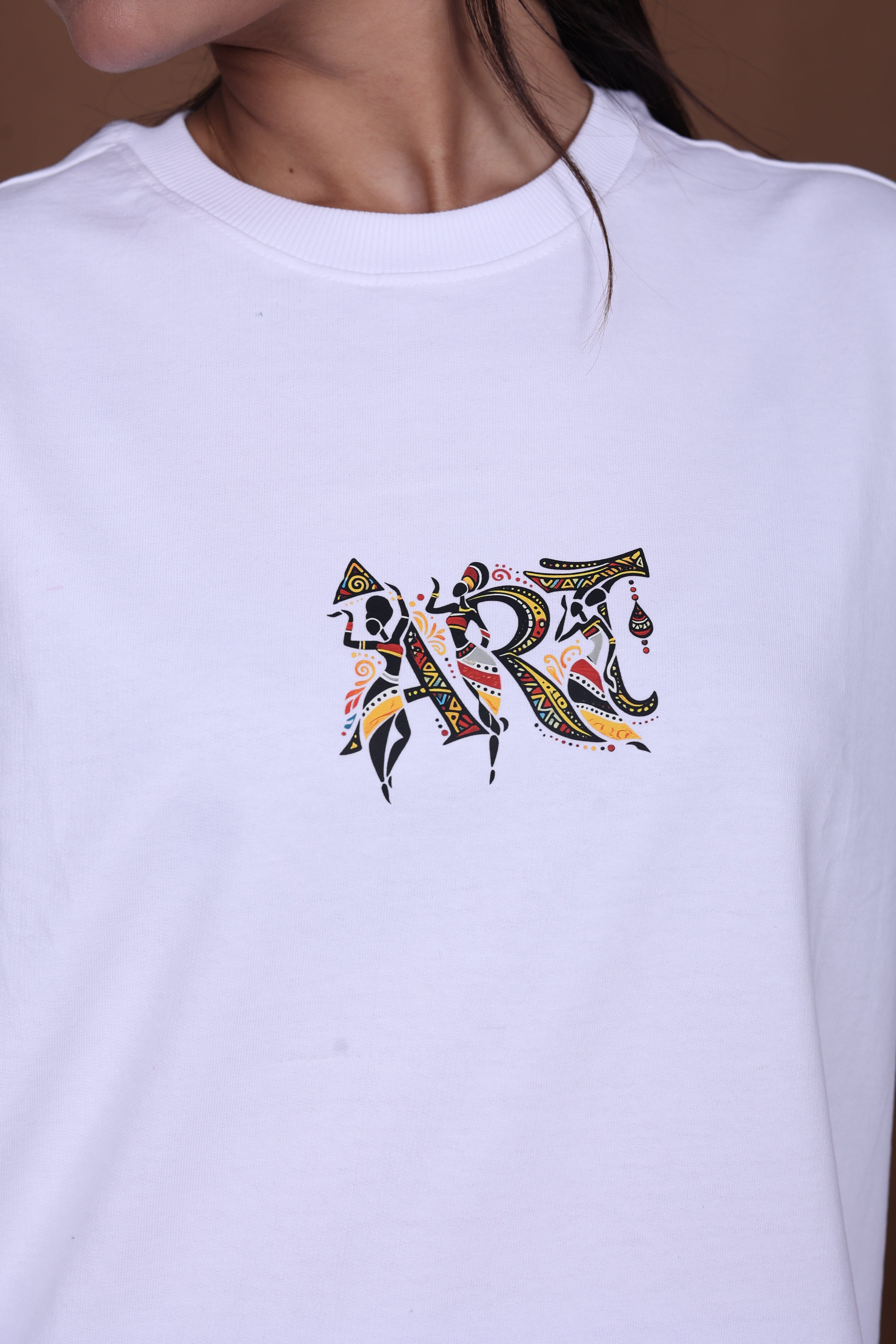 Printed Oversized T-shirt | Tribal Dance Back Print | White T-Shirt