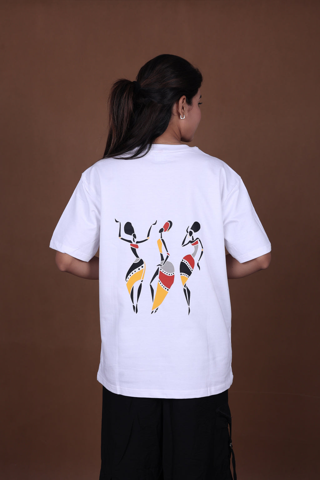 Printed Oversized T-shirt | Tribal Dance Back Print | White T-Shirt