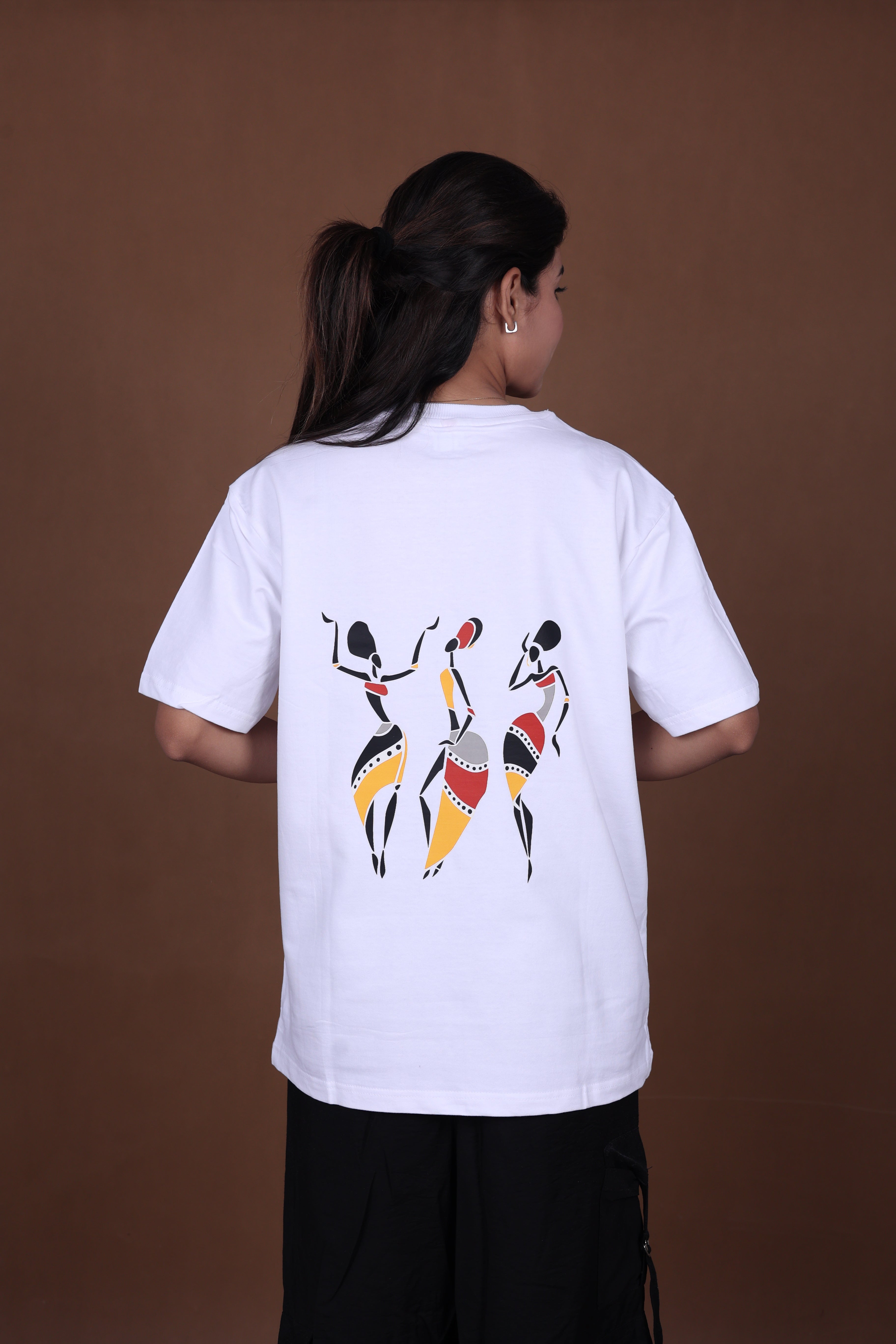 Printed Oversized T-shirt | Tribal Dance Back Print | White T-Shirt