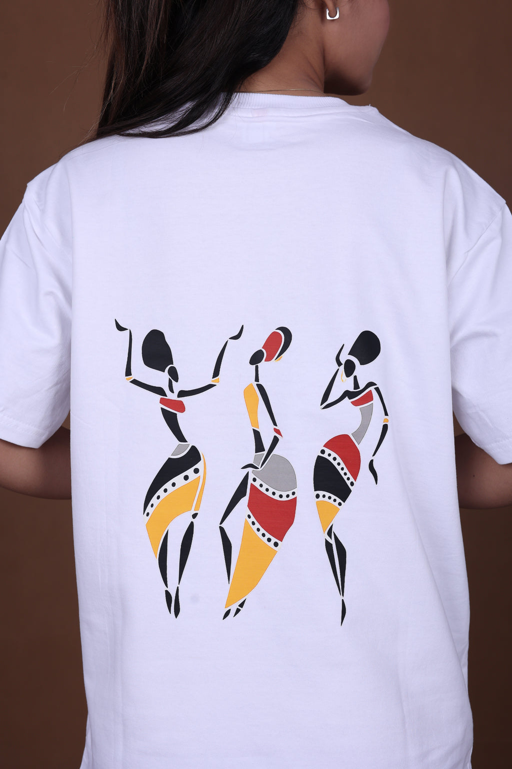 Printed Oversized T-shirt | Tribal Dance Back Print | White T-Shirt