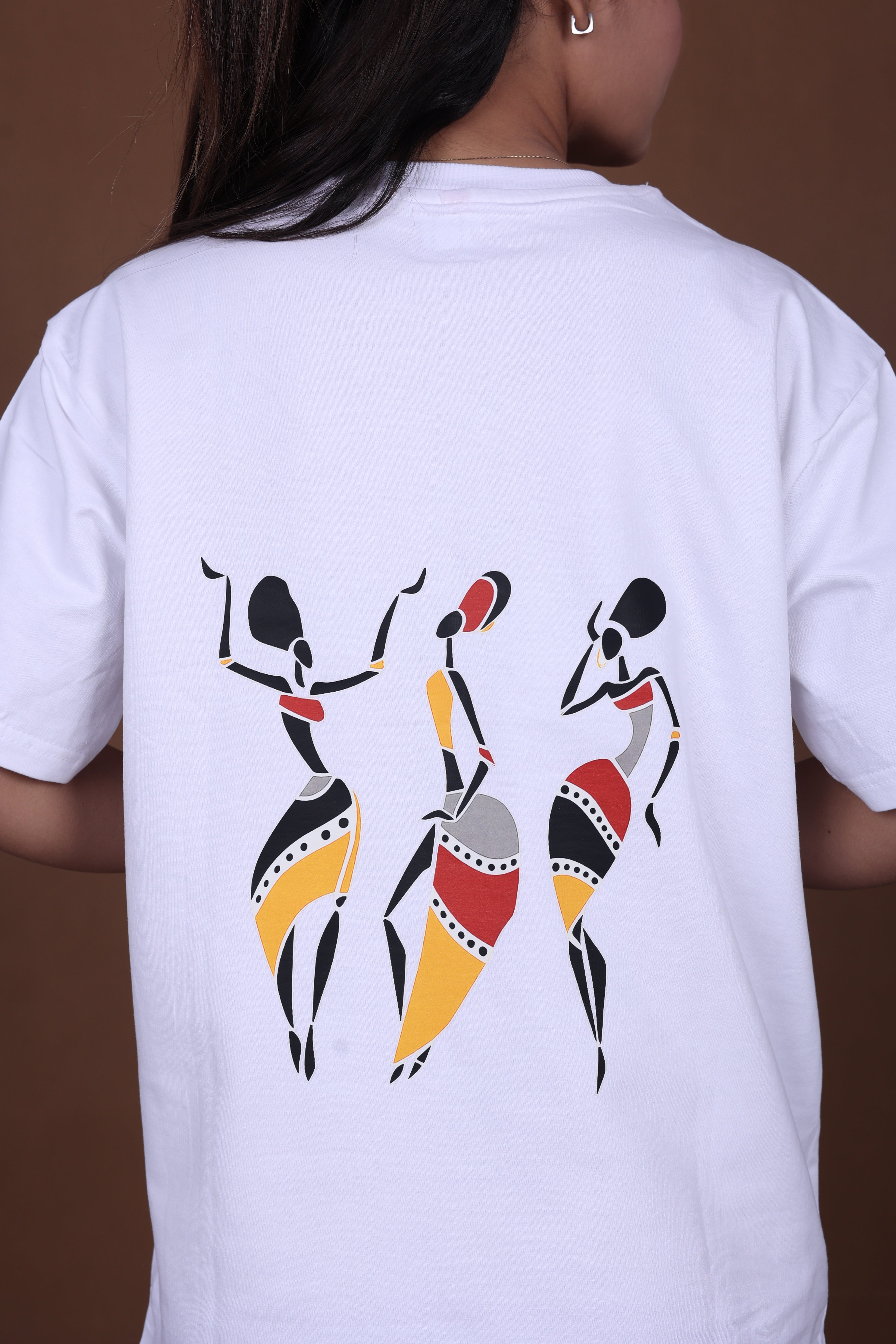 Printed Oversized T-shirt | Tribal Dance Back Print | White T-Shirt