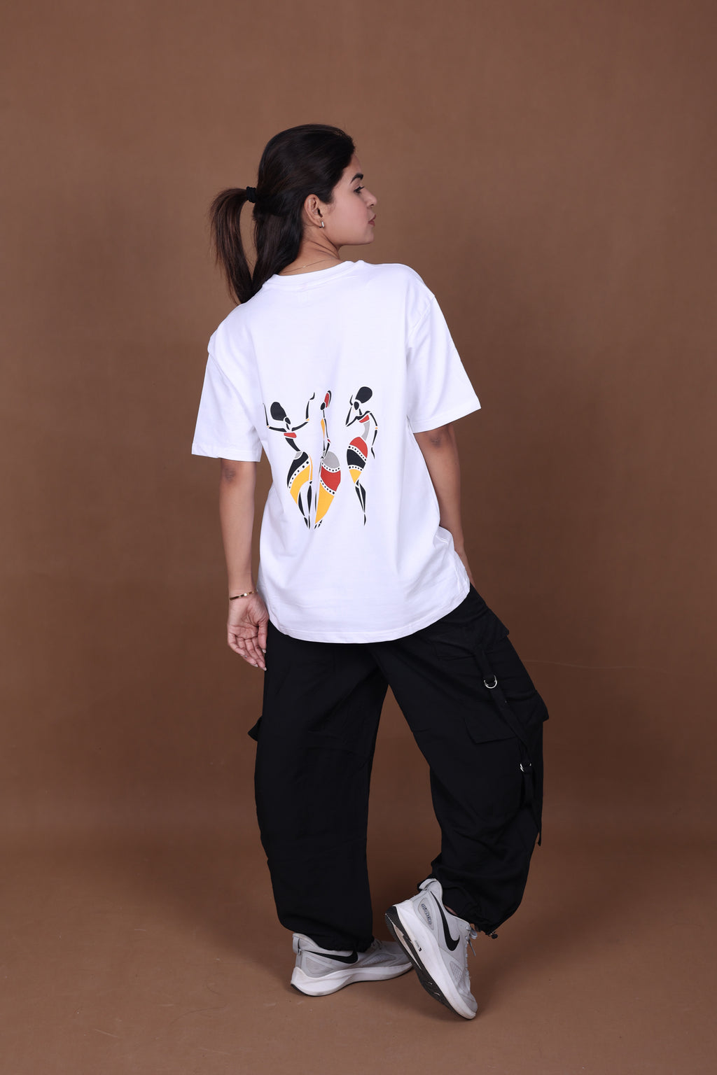 Printed Oversized T-shirt | Tribal Dance Back Print | White T-Shirt