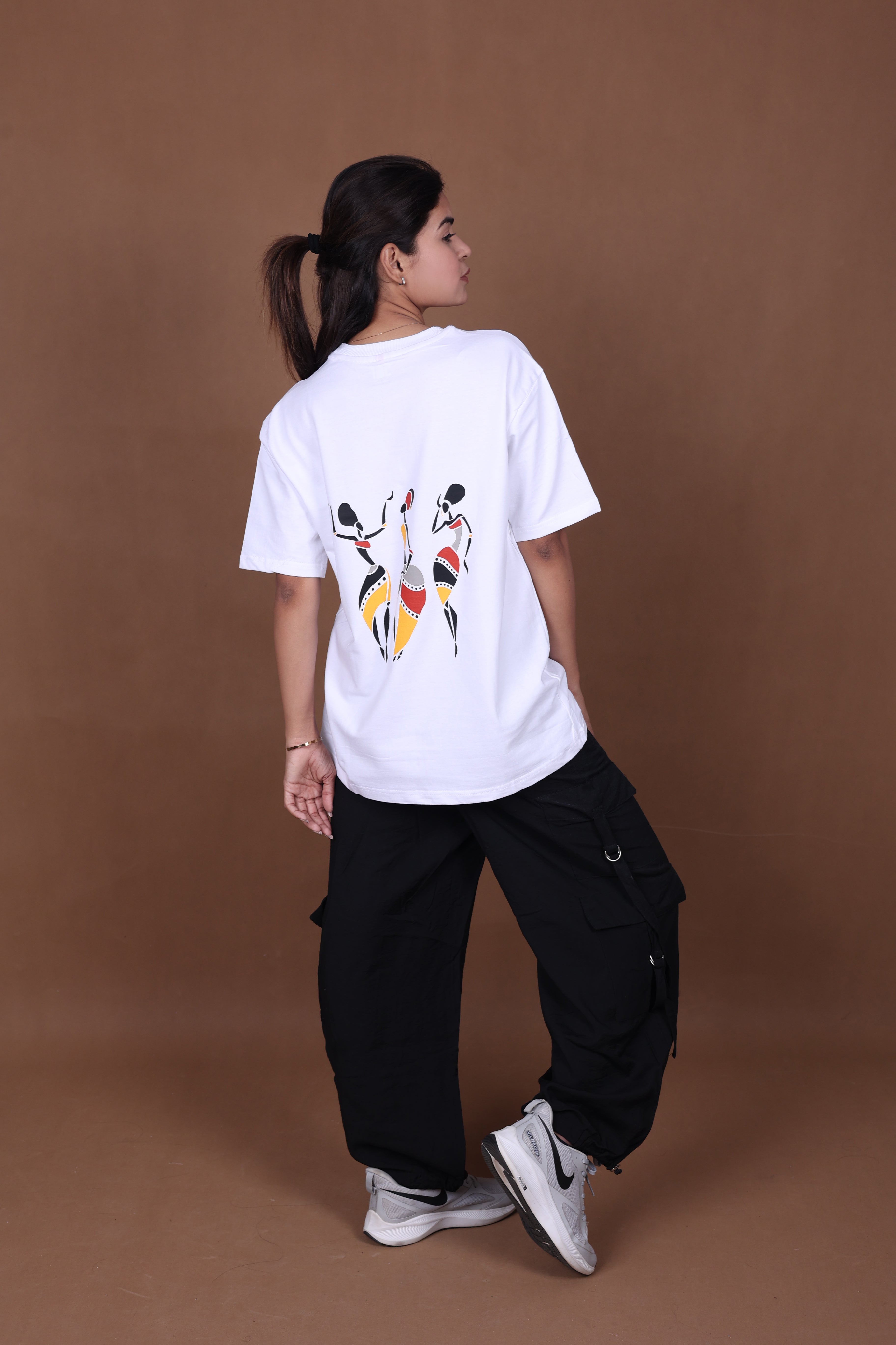 Printed Oversized T-shirt | Tribal Dance Back Print | White T-Shirt