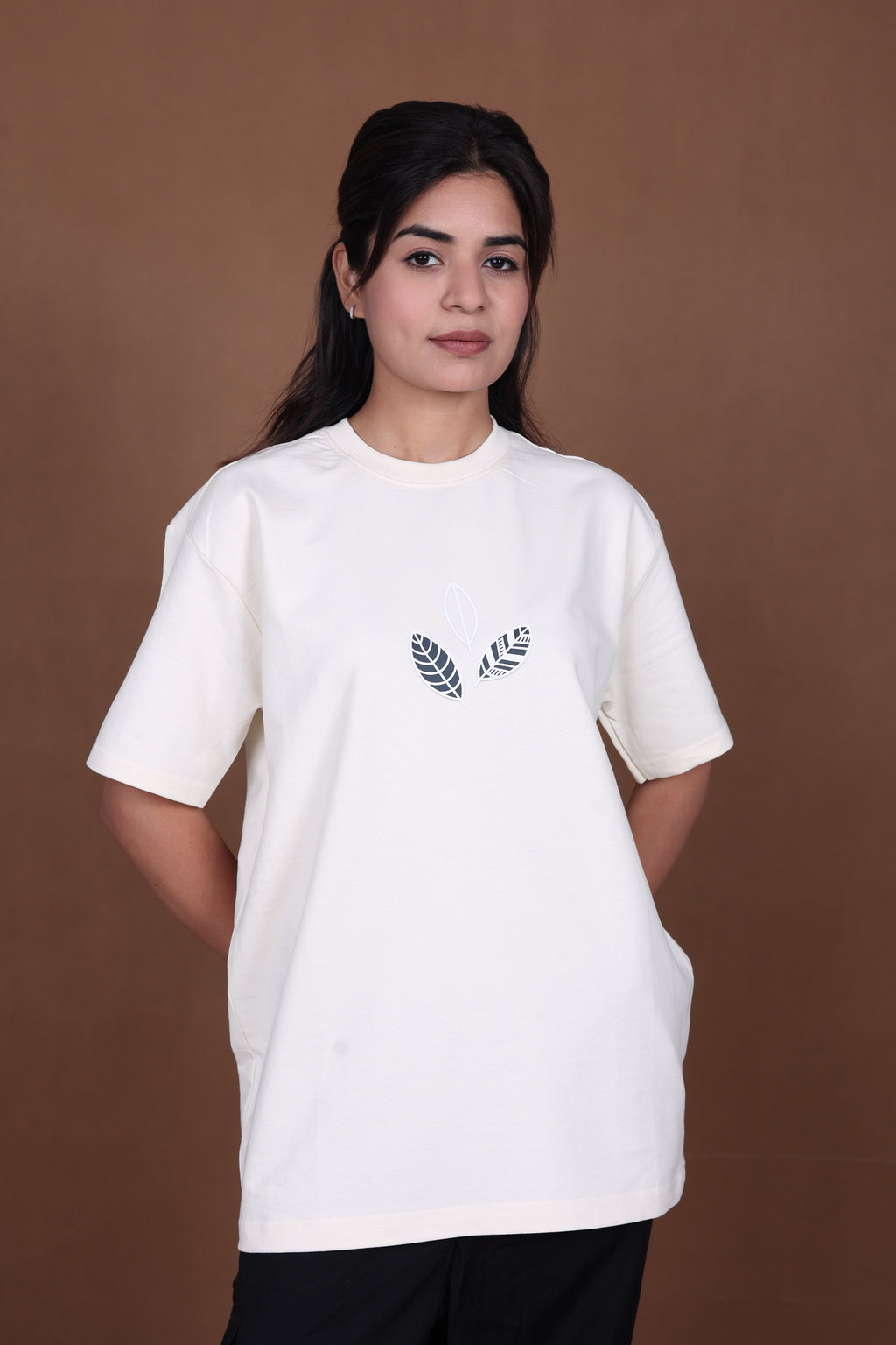 Printed Oversized T-shirt | Cute Cat Leaf Back Print | Off-White T-Shirt
