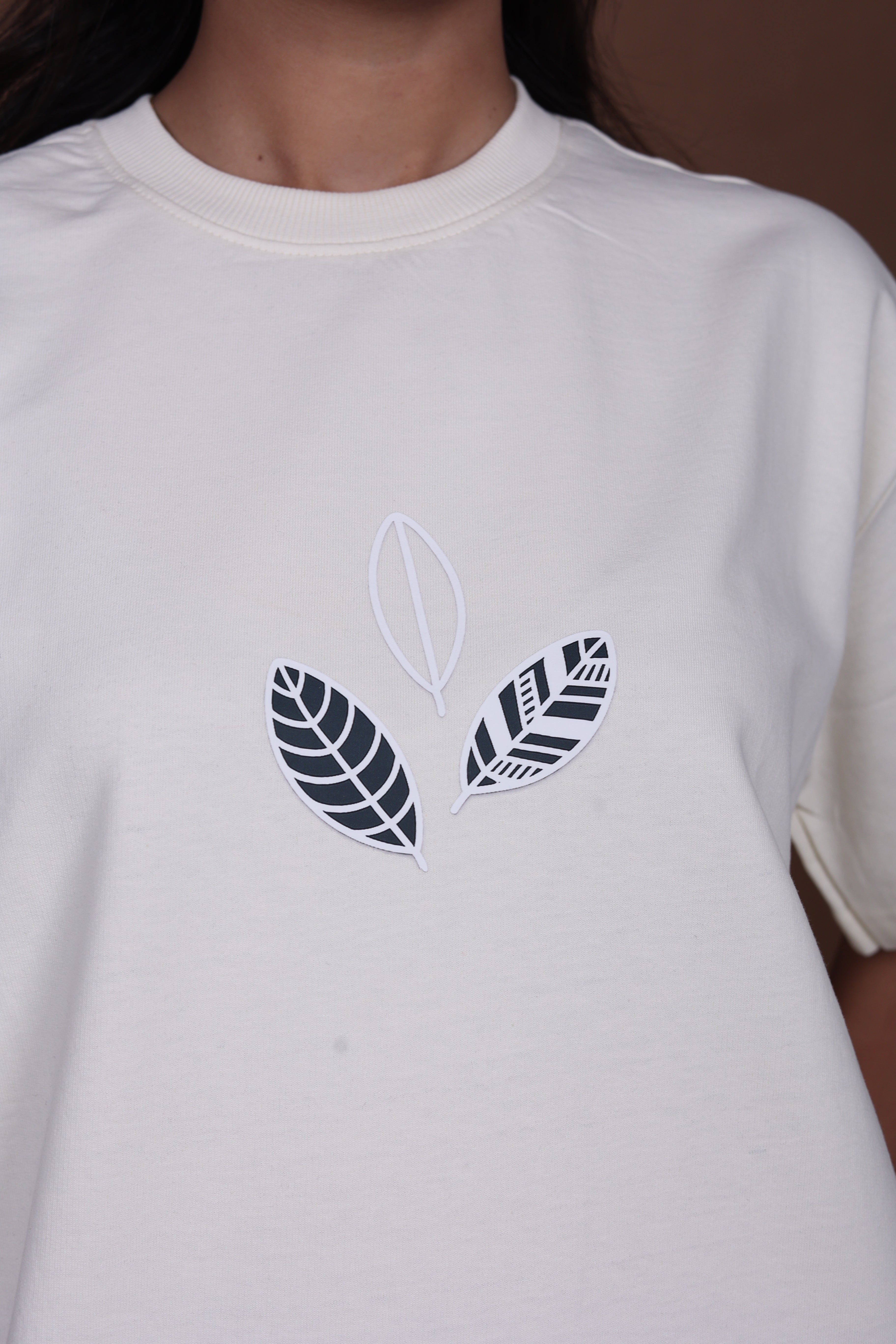 Printed Oversized T-shirt | Cute Cat Leaf Back Print | Off-White T-Shirt